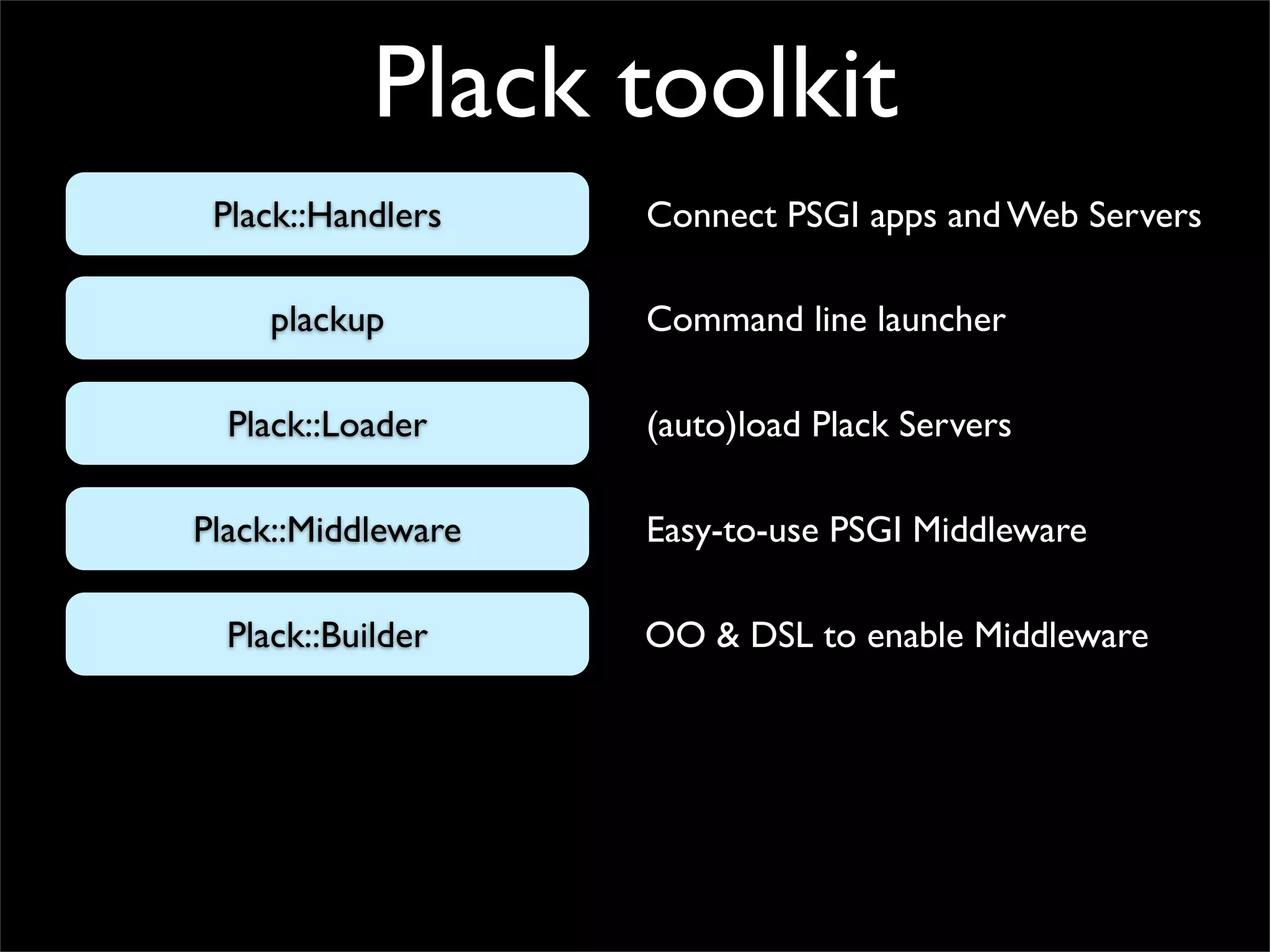 Plack toolkit
 Plack::Handlers    Connect PSGI apps and Web Servers

     plackup        Command line launcher

  Plack::Loader     (auto)load Plack Servers

Plack::Middleware   Easy-to-use PSGI Middleware

  Plack::Builder    OO & DSL to enable Middleware
 