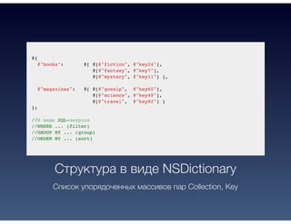 @{
@"books": @[ @[@"fiction", @"key24"],
@[@"fantasy", @"key7"],
@[@"mystery", @"key11"] ],
@"magazines": @[ @[@"gossip", @"key60"],
@[@"science", @"key49"],
@[@"travel", @"key82"] ]
};
//В виде SQL-запроса
//WHERE ... (filter)
//GROUP BY ... (group)
//ORDER BY ... (sort)
Структура в виде NSDictionary
Список упорядоченных массивов пар Collection, Key
 