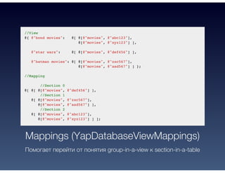//View
@{ @"bond movies": @[ @[@"movies", @"abc123"],
@[@"movies", @"xyz123"] ],
@"star wars": @[ @[@"movies", @"def456"] ],
@"batman movies": @[ @[@"movies", @"zxc567"],
@[@"movies", @"asd567"] ] };
//Mapping
//Section 0
@[ @[ @[@"movies", @"def456"] ],
//Section 1
@[ @[@"movies", @"zxc567"],
@[@"movies", @"asd567"] ],
//Section 2
@[ @[@"movies", @"abc123"],
@[@"movies", @"xyz123"] ] ];
Mappings (YapDatabaseViewMappings)
Помогает перейти от понятия group-in-a-view к section-in-a-table
 
