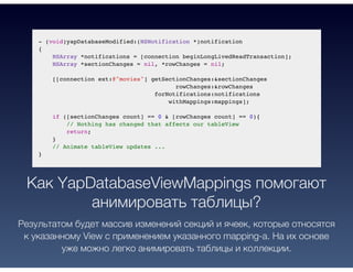 - (void)yapDatabaseModified:(NSNotification *)notification
{
NSArray *notifications = [connection beginLongLivedReadTransaction];
NSArray *sectionChanges = nil, *rowChanges = nil;
[[connection ext:@"movies"] getSectionChanges:&sectionChanges
rowChanges:&rowChanges
forNotifications:notifications
withMappings:mappings];
if ([sectionChanges count] == 0 & [rowChanges count] == 0){
// Nothing has changed that affects our tableView
return;
}
// Animate tableView updates ...
}
Как YapDatabaseViewMappings помогают
анимировать таблицы?
Результатом будет массив изменений секций и ячеек, которые относятся
к указанному View c применением указанного mapping-a. На их основе
уже можно легко анимировать таблицы и коллекции.
 