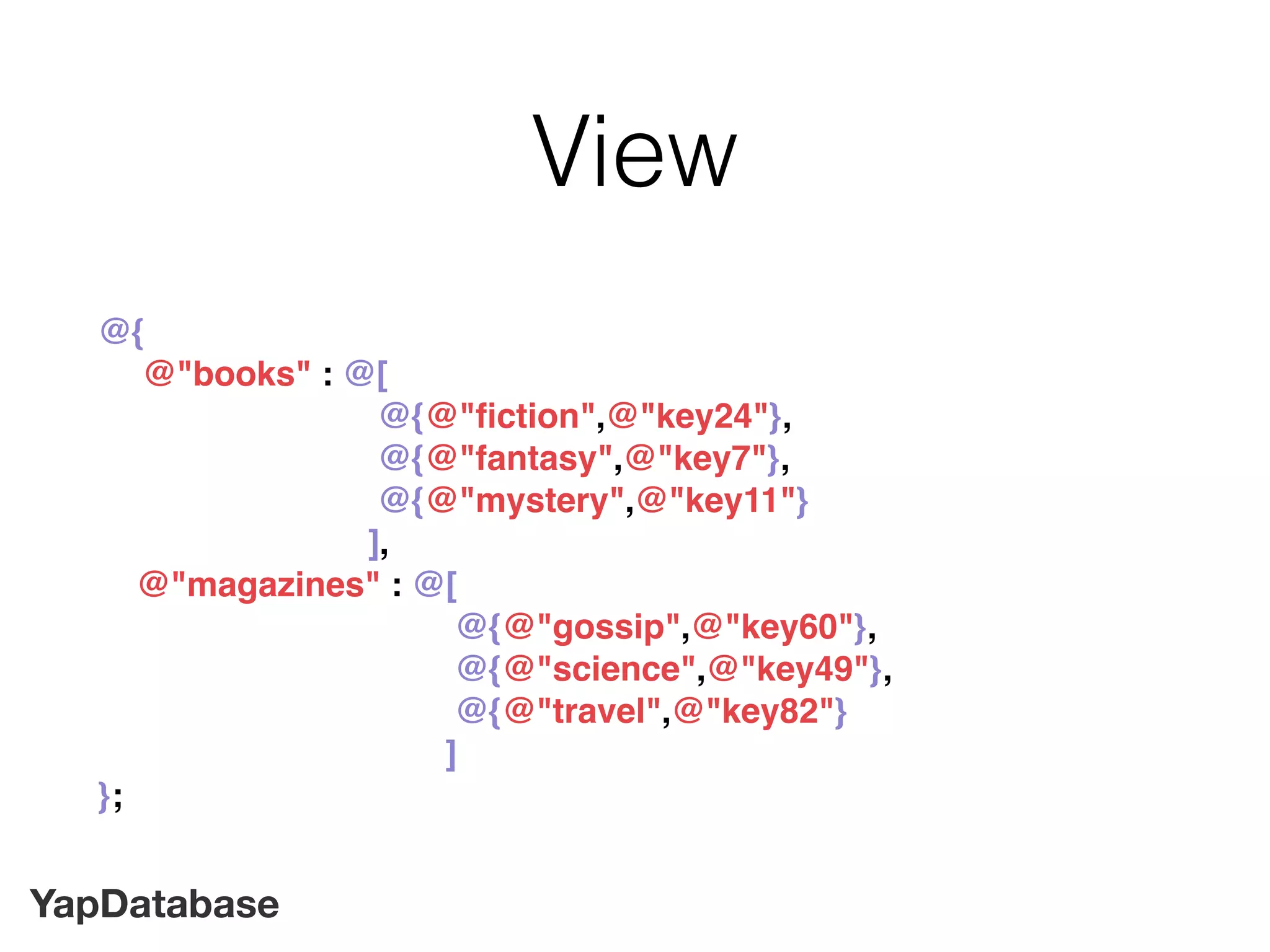 YapDatabase
View
@{
@"books" : @[
@{@"ﬁction",@"key24"},
@{@"fantasy",@"key7"},
@{@"mystery",@"key11"}
],
@"magazines" : @[
@{@"gossip",@"key60"},
@{@"science",@"key49"},
@{@"travel",@"key82"}
]
};
 
