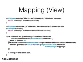 YapDatabase
Mapping (View)
- (NSInteger)numberOfSectionsInTableView:(UITableView *)sender {
return [mappings numberOfSections];
}
- (NSInteger)tableView:(UITableView *)sender numberOfRowsInSection
(NSInteger)section {
return [mappings numberOfItemsInSection:section];
}
- (UITableViewCell *)tableView:(UITableView *)tableView
cellForRowAtIndexPath:(NSIndexPath *)indexPath {
__block id object = nil;
[databaseConnection readWithBlock:^(YapDatabaseReadTransaction *transaction){
object = [[transaction ext:@"myView"] objectAtIndexPath:indexPath
withMappings:mappings];
}];
// conﬁgure and return cell...
}
 