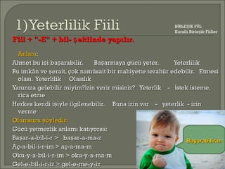 Fiil + "-E" + bil- eklinde yapılır.şFiil + "-E" + bil- eklinde yapılır.ş
AnlamAnlam::
Ahmet bu i i ba arabilir. Ba armaya gücü yeter. Yeterlilikş ş şAhmet bu i i ba arabilir. Ba armaya gücü yeter. Yeterlilikş ş ş
Bu imkân ve erait, çok namüsait bir mahiyette tezahür edebilir. EtmesişBu imkân ve erait, çok namüsait bir mahiyette tezahür edebilir. Etmesiş
olası. Yeterlilik Olasılıkolası. Yeterlilik Olasılık
Yanınıza gelebilir miyim? zin verir misiniz? Yeterlik - stek isteme,İ İYanınıza gelebilir miyim? zin verir misiniz? Yeterlik - stek isteme,İ İ
rica etmerica etme
Herkes kendi i iyle ilgilenebilir. Buna izin var - yeterlik - izinşHerkes kendi i iyle ilgilenebilir. Buna izin var - yeterlik - izinş
vermeverme
Olumsuzu öyledir:şOlumsuzu öyledir:ş
Gücü yetmezlik anlamı katıyorsa:Gücü yetmezlik anlamı katıyorsa:
Ba ar-a-bil-i-r > ba ar-a-ma-zş şBa ar-a-bil-i-r > ba ar-a-ma-zş ş
Aç-a-bil-i-r-im > aç-a-ma-mAç-a-bil-i-r-im > aç-a-ma-m
Oku-y-a-bil-i-r-im > oku-y-a-ma-mOku-y-a-bil-i-r-im > oku-y-a-ma-m
Gel-e-bil-i-r-iz > gel-e-me-y-izGel-e-bil-i-r-iz > gel-e-me-y-iz
B RLE K F Lİ Şİ İİ
Kurallı Birle ik Fiillerş
BaşarabilirimBaşarabilirim
 