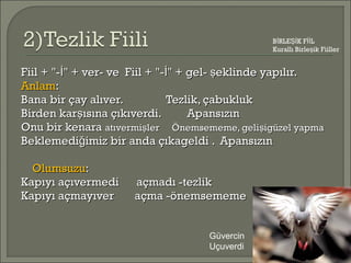 Fiil + "- " + ver- ve Fiil + "- " + gel- eklinde yapılır.İ İ şFiil + "- " + ver- ve Fiil + "- " + gel- eklinde yapılır.İ İ ş
AnlamAnlam::
Bana bir çay alıver. Tezlik, çabuklukBana bir çay alıver. Tezlik, çabukluk
Birden kar ısına çıkıverdi. ApansızınşBirden kar ısına çıkıverdi. Apansızınş
Onu bir kenaraOnu bir kenara atıvermi ler Önemsememe, geli igüzel yapmaş şatıvermi ler Önemsememe, geli igüzel yapmaş ş
Beklemedi imiz bir anda çıkageldi . ApansızınğBeklemedi imiz bir anda çıkageldi . Apansızınğ
OlumsuzuOlumsuzu::
Kapıyı açıvermedi açmadı -tezlikKapıyı açıvermedi açmadı -tezlik
Kapıyı açmayıver açma -önemsememeKapıyı açmayıver açma -önemsememe
B RLE K F Lİ Şİ İİ
Kurallı Birle ik Fiillerş
Güvercin
Uçuverdi
 