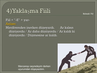 Fiil + "-E" + yaz-Fiil + "-E" + yaz-
Anlam:Anlam:
Merdivenden inerken dü eyazdı. Az kalsınşMerdivenden inerken dü eyazdı. Az kalsınş
dü üyordu / Az daha dü üyordu / Az kaldı kiş şdü üyordu / Az daha dü üyordu / Az kaldı kiş ş
dü üyordu / Dü mesine az kaldı.ş şdü üyordu / Dü mesine az kaldı.ş ş
Manzarayı seyredeyim derken
uçurumdan düşeyazdım.
Birle ik Fiilş
 