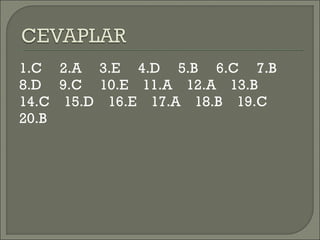 1.C     2.A     3.E     4.D     5.B     6.C     7.B   
8.D     9.C     10.E    11.A    12.A    13.B   
14.C    15.D    16.E    17.A    18.B    19.C  
20.B
 