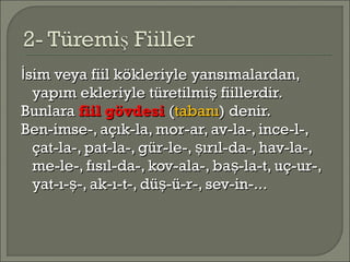sim veya fiil kökleriyle yansımalardan,İsim veya fiil kökleriyle yansımalardan,İ
yapım ekleriyle türetilmi fiillerdir.şyapım ekleriyle türetilmi fiillerdir.ş
BunlaraBunlara fiil gövdesifiil gövdesi ((tabanıtabanı) denir.) denir.
Ben-imse-, açık-la, mor-ar, av-la-, ince-l-,Ben-imse-, açık-la, mor-ar, av-la-, ince-l-,
çat-la-, pat-la-, gür-le-, ırıl-da-, hav-la-,şçat-la-, pat-la-, gür-le-, ırıl-da-, hav-la-,ş
me-le-, fısıl-da-, kov-ala-, ba -la-t, uç-ur-,şme-le-, fısıl-da-, kov-ala-, ba -la-t, uç-ur-,ş
yat-ı- -, ak-ı-t-, dü -ü-r-, sev-in-...ş şyat-ı- -, ak-ı-t-, dü -ü-r-, sev-in-...ş ş
 