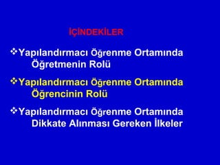 Yapılandırmacı Öğrenme Ortamında
Öğretmenin Rolü
Yapılandırmacı Öğrenme Ortamında
Öğrencinin Rolü
Yapılandırmacı Öğrenme Ortamında
Dikkate Alınması Gereken İlkeler
İÇİNDEKİLER
 