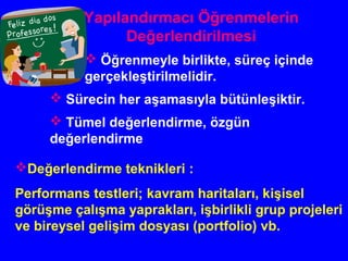 Yapılandırmacı Öğrenmelerin
Değerlendirilmesi
 Öğrenmeyle birlikte, süreç içinde
gerçekleştirilmelidir.
 Sürecin her aşamasıyla bütünleşiktir.
 Tümel değerlendirme, özgün
değerlendirme
Değerlendirme teknikleri :
Performans testleri; kavram haritaları, kişisel
görüşme çalışma yaprakları, işbirlikli grup projeleri
ve bireysel gelişim dosyası (portfolio) vb.
 