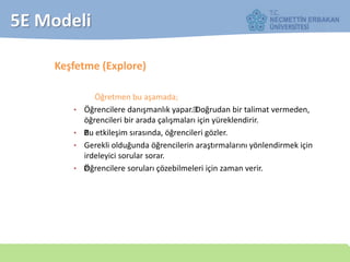 5E Modeli
Keşfetme (Explore)
Öğretmen bu aşamada;
• Öğrencilere danışmanlık yapar.—Doğrudan bir talimat vermeden,
öğrencileri bir arada çalışmaları için yüreklendirir.
• —Bu etkileşim sırasında, öğrencileri gözler.
• Gerekli olduğunda öğrencilerin araştırmalarını yönlendirmek için
irdeleyici sorular sorar.
• —Öğrencilere soruları çözebilmeleri için zaman verir.
 