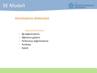 5E Modeli
Derinleştirme (Elaborate)
Yapılacak Etkinlikler;
• —Öz değerlendirme
• Öğretmen gözlemi
• Performans değerlendirme
• Portfolyo
• Rubrik
 