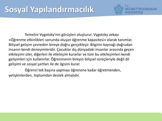 Temelini Vygotsky’nin görüşleri oluşturur. Vygotsky zekayı
«Öğrenme etkinlikleri sonunda oluşan öğrenme kapasitesi» olarak tanımlar.
Bilişsel gelişim çevreden bireye doğru gerçekleşir. Bilginin kaynağı doğrudan
insanın kendi deneyimleridir. Çocuklar dış dünyadaki insanlar arasında geçen
etkileşimi izler, diğerleri ile etkileşim kurarlar ve tüm bu etkileşimleri kendi
gelişimleri için kullanırlar. Öğrenmenin bireyin bilişsel süreçleriyle değil dil
gelişimi ve sosyal şartları ile de ilgisini kurar.
Öğrenci tek başına yapmayı öğrenene kadar öğretmenden,
yetişkinlerden, toplumdan destek almalıdır.
Sosyal Yapılandırmacılık
 