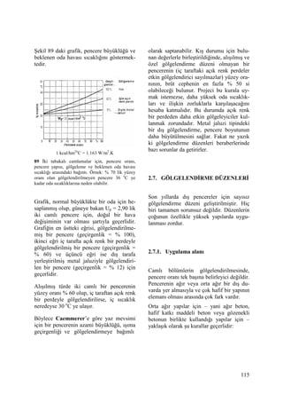 115
Şekil 89 daki grafik, pencere büyüklüğü ve
beklenen oda havası sıcaklığını göstermek-
tedir.
1 kcal/hm2o
C = 1.163 W/m2
.K
89 Đki tabakalı camlamalar için, pencere oranı,
pencere yapısı, gölgeleme ve beklenen oda havası
sıcaklığı arasındaki bağıntı. Örnek: % 70 lik yüzey
oranı olan gölgelendirilmeyen pencere 36 o
C ye
kadar oda sıcaklıklarına neden olabilir.
Grafik, normal büyüklükte bir oda için he-
saplanmış olup, güneye bakan Up = 2,90 lik
iki camlı pencere için, doğal bir hava
değişiminin var olması şartıyla geçerlidir.
Grafiğin en üstteki eğrisi, gölgelendirilme-
miş bir pencere (geçirgenlik = % 100),
ikinci eğri iç tarafta açık renk bir perdeyle
gölgelendirilmiş bir pencere (geçirgenlik =
% 60) ve üçüncü eğri ise dış tarafa
yerleştirilmiş metal jaluziyle gölgelendiri-
len bir pencere (geçirgenlik = % 12) için
geçerlidir.
Alışılmış türde iki camlı bir pencerenin
yüzey oranı % 60 olup, iç taraftan açık renk
bir perdeyle gölgelendirilirse, iç sıcaklık
neredeyse 30 o
C ye ulaşır.
Böylece Caemmerer’e göre yaz mevsimi
için bir pencerenin azami büyüklüğü, ışıma
geçirgenliği ve gölgelendirmeye bağımlı
olarak saptanabilir. Kış durumu için bulu-
nan değerlerle birleştirildiğinde, alışılmış ve
özel gölgelendirme düzeni olmayan bir
pencerenin (iç taraftaki açık renk perdeler
etkin gölgelendirici sayılmazlar) yüzey ora-
nının, brüt cephenin en fazla % 50 si
olabileceği bulunur. Projeci bu kurala uy-
mak istemezse, daha yüksek oda sıcaklık-
ları ve ilişkin zorluklarla karşılaşacağını
hesaba katmalıdır. Bu durumda açık renk
bir perdeden daha etkin gölgeleyiciler kul-
lanmak zorundadır. Metal jaluzi tipindeki
bir dış gölgelendirme, pencere boyutunun
daha büyütülmesini sağlar. Fakat ne yazık
ki gölgelendirme düzenleri beraberlerinde
bazı sorunlar da getirirler.
2.7. GÖLGELENDĐRME DÜZENLERĐ
Son yıllarda dış pencereler için sayısız
gölgelendirme düzeni geliştirilmiştir. Hiç
biri tamamen sorunsuz değildir. Düzenlerin
çoğunun özellikle yüksek yapılarda uygu-
lanması zordur.
2.7.1. Uygulama alanı
Camlı bölümlerin gölgelendirilmesinde,
pencere oranı tek başına belirleyici değildir.
Pencerenin ağır veya orta ağır bir dış du-
varda yer almasıyla ve çok hafif bir yapının
elemanı olması arasında çok fark vardır.
Orta ağır yapılar için – yani ağır beton,
hafif katkı maddeli beton veya gözenekli
betonun birlikte kullandığı yapılar için –
yaklaşık olarak şu kurallar geçerlidir:
 