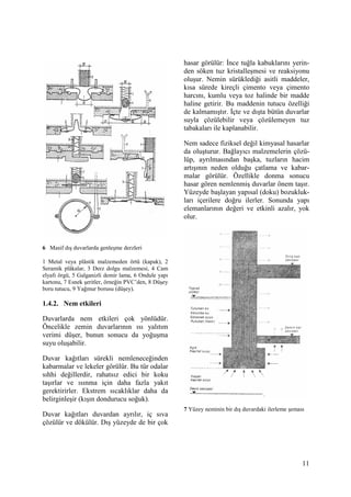 11
6 Masif dış duvarlarda genleşme derzleri
1 Metal veya plâstik malzemeden örtü (kapak), 2
Seramik plâkalar, 3 Derz dolgu malzemesi, 4 Cam
elyafı örgü, 5 Galganizli demir lama, 6 Ondule yapı
kartonu, 7 Esnek şeritler, örneğin PVC’den, 8 Düşey
boru tutucu, 9 Yağmur borusu (düşey).
1.4.2. Nem etkileri
Duvarlarda nem etkileri çok yönlüdür.
Öncelikle zemin duvarlarının ısı yalıtım
verimi düşer, bunun sonucu da yoğuşma
suyu oluşabilir.
Duvar kağıtları sürekli nemleneceğinden
kabarmalar ve lekeler görülür. Bu tür odalar
sıhhi değillerdir, rahatsız edici bir koku
taşırlar ve ısınma için daha fazla yakıt
gerektirirler. Ekstrem sıcaklıklar daha da
belirginleşir (kışın dondurucu soğuk).
Duvar kağıtları duvardan ayrılır, iç sıva
çözülür ve dökülür. Dış yüzeyde de bir çok
hasar görülür: Đnce tuğla kabuklarını yerin-
den söken tuz kristalleşmesi ve reaksiyonu
oluşur. Nemin sürüklediği asitli maddeler,
kısa sürede kireçli çimento veya çimento
harcını, kumlu veya toz halinde bir madde
haline getirir. Bu maddenin tutucu özelliği
de kalmamıştır. Đçte ve dışta bütün duvarlar
suyla çözülebilir veya çözülemeyen tuz
tabakaları ile kaplanabilir.
Nem sadece fiziksel değil kimyasal hasarlar
da oluşturur. Bağlayıcı malzemelerin çözü-
lüp, ayrılmasından başka, tuzların hacim
artışının neden olduğu çatlama ve kabar-
malar görülür. Özellikle donma sonucu
hasar gören nemlenmiş duvarlar önem taşır.
Yüzeyde başlayan yapısal (doku) bozukluk-
ları içerilere doğru ilerler. Sonunda yapı
elemanlarının değeri ve etkinli azalır, yok
olur.
7 Yüzey neminin bir dış duvardaki ilerleme şeması
 