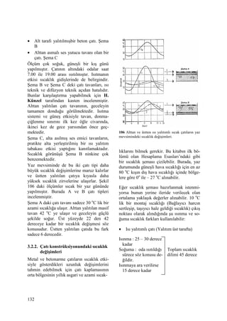 132
• Alt tarafı yalıtılmışbir beton çatı. Şema
B
• Alttan asmalı ses yutucu tavanı olan bir
çatı. Şema C
Ölçüm çok soğuk, güneşli bir kış günü
yapılmıştır. Çatının altındaki odalar saat
7.00 ile 19.00 arası ısıtılmıştır. Isıtmanın
etkisi sıcaklık gidişlerinde de belirgindir.
Şema B ve Şema C deki çatı tavanları, ısı
teknik ve difüzyon teknik açıdan hatalıdır.
Bunlar karşılaştırma yapabilmek için H.
Künzel tarafından kasten incelenmiştir.
Alttan yalıtılan çatı tavanının, geceleyin
tamamen donduğu görülmektedir. Isıtma
sistemi ve güneş etkisiyle tavan, donma-
çiğlenme sınırını ilk kez öğle civarında,
ikinci kez de gece yarısından önce geç-
mektedir.
Şema C, alta asılmış ses emici tavanların,
pratikte alta yerleştirilmiş bir ısı yalıtım
tabakası etkisi yaptığını kanıtlamaktadır.
Sıcaklık görünüşü Şema B ninkine çok
benzemektedir.
Yaz mevsiminde de bu iki çatı tipi daha
büyük sıcaklık değişimlerine maruz kalırlar
ve üstten yalıtılan çatıya kıyasla daha
yüksek sıcaklık zirvelerine ulaşırlar. Şekil
106 daki ölçümler sıcak bir yaz gününde
yapılmıştır. Burada A ve B çatı tipleri
incelenmiştir.
Şema A daki çatı tavanı sadece 30 o
C lik bir
azami sıcaklığa ulaşır. Alttan yalıtılan masif
tavan 42 o
C ye ulaşır ve geceleyin güçlü
şekilde soğur. Üst yüzeyde 22 den 42
dereceye kadar bir sıcaklık değişmesi söz
konusudur. Üstten yalıtılan çatıda bu fark
sadece 6 derecedir.
3.2.2. Çatı konstrüksiyonundaki sıcaklık
değişimleri
Metal ve betonarme çatıların sıcaklık etki-
siyle gösterdikleri uzunluk değişimlerini
tahmin edebilmek için çatı kaplamasının
orta bölgesinin yıllık asgari ve azami sıcak-
106 Alttan ve üstten ısı yalıtımlı sıcak çatıların yaz
mevsimindeki sıcaklık değişimleri.
lıklarını bilmek gerekir. Bu kitabın ilk bö-
lümü olan Hesaplama Esasları’ndaki gibi
bir sıcaklık şeması çizilebilir. Burada, yaz
durumunda güneşli hava sıcaklığı için en az
80 o
C kışın dış hava sıcaklığı içinde bölge-
lere göre 0o
ile – 27 o
C alınabilir.
Eğer sıcaklık şeması hazırlanmak istenmi-
yorsa bunun yerine ileride verilecek olan
ortalama yaklaşık değerler alınabilir. 10 o
C
lik bir montaj sıcaklığı (Bağlayıcı harcın
sertleşip, taşıyıcı hale geldiği sıcaklık) çıkış
noktası olarak alındığında şu ısınma ve so-
ğuma sıcaklık farkları kullanılabilir:
• Isı yalıtımlı çatı (Yalıtım üst tarafta)
Isınma : 25 – 30 derece
kadar
Soğuma : oda ısıtıldığı Toplam sıcaklık
sürece söz konusu de- dilimi 45 derece
ğildir.
Isınmaya ara verilirse
15 derece kadar
 