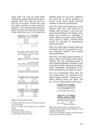 147
oluşur. Şekil 120, sıcak çatı olarak adlan-
dırılabilecek çeşitli konstrüksiyonlar göster-
mektedir. Şekil 120 a daki çatı tavanı, as-
lında bir kat tavanıdır. Normal hava nemi
olan odalar üzerinde çatı tavanı olarak kul-
lanılabilir. Tavan, ağır betondan yapılmıştır.
Boşluk duvarları neme karşı hassas değildir.
Sistem, rölatif hava nemi % 60 a kadar olan
120 Çatı tavanlarındaki boşluklar
a) Odanın rölatif hava nemi % 60 dan fazla olmazsa
izin verilir boşluk,
b) Bir çok hatası olan kullanışsız çatı konstrük-
siyonu,
c) Elverişsiz boşluk,
d) Ahşap çatı, bu hali ile hatalı,
e) Aynı ahşap çatı fakat kusursuz.
odalarda uygun bir çatı tavanı olabilmesi
için yeterli bir ısı yalıtımı gereklidir. Isı
yalıtımı yeterli olursa eskizde gösterilen
kondanse su oluşumu gerçekleşemez.
Şekil 120 b deki çatı konstrüksiyonu kulla-
nışsızdır. Şekil 120 c deki çatının bir alt
kabuğu vardır. Bu kabuk ve çatı tavanı ara-
sında havalandırılmayan bir boşluk vardır.
Burada çatı tavanının üst tarafındaki ısı
yalıtım tabakasının yardımı yeterli değildir.
Çatıya ulaşan su buharı, sızdırmaz beton
tavanın alt yüzeyinde bir kondensasyon
düzlemi bulacaktır.
Şekil 120 d deki kapalı boşluklu ahşap çatı
da hatalıdır. Bir çok kez uygulanmış ve ha-
talar kabarmalar şeklinde kısa zamanda
kendini göstermiştir.
Şekil 120 e, aynı ahşap çatının boşluksuz ve
taşıyıcı ahşap kirişli (aşıklı) halini göster-
mektedir. Bir çatı konstrüksiyonunun alt
tarafı mutlaka kaplanmak zorundaysa, bunu
yapıfiziksel kuralları zorlamadan gerçekleş-
tirmek mümkündür. Otomatikman iki ka-
buklu, havalandırmalı bir soğuk çatı oluşur.
Çatı tavan sistemlerinde alttan askılı telli
sıva tavanlar (Şekil 121) sayesinde de boş-
luklar meydana gelebilir. Aradaki hava ta-
bakası, difüzyon direnci çok düşük olan
(µ = 1) bir ısı yalıtım tabakası etkisi yapar.
121 Çatıların altındaki telli sıvalı (Rabitz) tavan
a) Kapalı boşluklu, oda havasının rölatif nemi % 60 ı
aşmadıkça uygulanabilir.
b) Telli sıvalı tavandaki kesintiler ve çatı yalıtımının
takviyesi konstrüksiyonu iyileştirir.
 