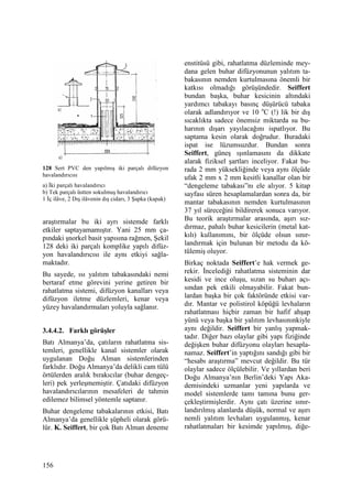 156
128 Sert PVC den yapılmış iki parçalı difüzyon
havalandırıcısı
a) Đki parçalı havalandırıcı
b) Tek parçalı üstten sokulmuş havalandırıcı
1 Đç ilâve, 2 Dış ilâvenin dış cidarı, 3 Şapka (kapak)
araştırmalar bu iki ayrı sistemde farklı
etkiler saptayamamıştır. Yani 25 mm ça-
pındaki şnorkel basit yapısına rağmen, Şekil
128 deki iki parçalı komplike yapılı difüz-
yon havalandırıcısı ile aynı etkiyi sağla-
maktadır.
Bu sayede, ısı yalıtım tabakasındaki nemi
bertaraf etme görevini yerine getiren bir
rahatlatma sistemi, difüzyon kanalları veya
difüzyon iletme düzlemleri, kenar veya
yüzey havalandırmaları yoluyla sağlanır.
3.4.4.2. Farklı görüşler
Batı Almanya’da, çatıların rahatlatma sis-
temleri, genellikle kanal sistemler olarak
uygulanan Doğu Alman sistemlerinden
farklıdır. Doğu Almanya’da delikli cam tülü
örtülerden aralık bırakıcılar (buhar dengeç-
leri) pek yerleşmemiştir. Çatıdaki difüzyon
havalandırıcılarının mesafeleri de tahmin
edilemez bilimsel yöntemle saptanır.
Buhar dengeleme tabakalarının etkisi, Batı
Almanya’da genellikle şüpheli olarak görü-
lür. K. Seiffert, bir çok Batı Alman deneme
enstitüsü gibi, rahatlatma düzleminde mey-
dana gelen buhar difüzyonunun yalıtım ta-
bakasının nemden kurtulmasına önemli bir
katkısı olmadığı görüşündedir. Seiffert
bundan başka, buhar kesicinin altındaki
yardımcı tabakayı basınç düşürücü tabaka
olarak adlandırıyor ve 10 o
C (!) lik bir dış
sıcaklıkta sadece önemsiz miktarda su bu-
harının dışarı yayılacağını ispatlıyor. Bu
saptama kesin olarak doğrudur. Buradaki
ispat ise lüzumsuzdur. Bundan sonra
Seiffert, güneş ışınlamasını da dikkate
alarak fiziksel şartları inceliyor. Fakat bu-
rada 2 mm yüksekliğinde veya aynı ölçüde
ufak 2 mm x 2 mm kesitli kanallar olan bir
“dengeleme tabakası”nı ele alıyor. 5 kitap
sayfası süren hesaplamalardan sonra da, bir
mantar tabakasının nemden kurtulmasının
37 yıl süreceğini bildirerek sonuca varıyor.
Bu teorik araştırmalar arasında, aşırı sız-
dırmaz, pahalı buhar kesicilerin (metal kat-
kılı) kullanımını, bir ölçüde olsun sınır-
landırmak için bulunan bir metodu da kö-
tülemiş oluyor.
Birkaç noktada Seiffert’e hak vermek ge-
rekir. Đncelediği rahatlatma sisteminin dar
kesidi ve ince oluşu, sızan su buharı açı-
sından pek etkili olmayabilir. Fakat bun-
lardan başka bir çok faktöründe etkisi var-
dır. Mantar ve polistirol köpüğü levhaların
rahatlatması hiçbir zaman bir hafif ahşap
yünü veya başka bir yalıtım levhasınınkiyle
aynı değildir. Seiffert bir yanlış yapmak-
tadır. Diğer bazı olaylar gibi yapı fiziğinde
değişken buhar difüzyonu olayları hesapla-
namaz. Seiffert’in yaptığını sandığı gibi bir
“hesabı araştırma” mevcut değildir. Bu tür
olaylar sadece ölçülebilir. Ve yıllardan beri
Doğu Almanya’nın Berlin’deki Yapı Aka-
demisindeki uzmanlar yeni yapılarda ve
model sistemlerde tamı tamına bunu ger-
çekleştirmişlerdir. Aynı çatı üzerine sınır-
landırılmış alanlarda düşük, normal ve aşırı
nemli yalıtım levhaları uygulanmış, kenar
rahatlatmaları bir kesimde yapılmış, diğe-
 