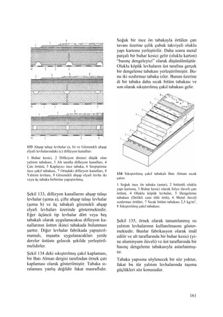 161
133 Ahşap talaşı levhalar (a, b) ve Gözenekli ahşap
elyafı levhalarındaki (c) difüzyon kanalları
1 Buhar kesici, 2 Difüzyon direnci düşük olan
yalıtım tabakası, 3 Alt tarafta difüzyon kanalları, 4
Çatı örtüsü, 5 Kaplayıcı ince tabaka, 6 Serpiştirme
ince çakıl tabakası, 7 Ortadaki difüzyon kanalları, 8
Yalıtım levhası, 9 Gözenekli ahşap elyafı levha iki
veya üç tabaka birbirine yapıştırılmış.
Şekil 133, difüzyon kanallarını ahşap talaşı
levhalar (şema a), çifte ahşap talaşı levhalar
(şema b) ve üç tabakalı gözenekli ahşap
elyafı levhaları üzerinde göstermektedir.
Eğer üçüncü tip levhalar dört veya beş
tabakalı olarak uygulanacaksa difüzyon ka-
nallarının üstten ikinci tabakada bulunması
şarttır. Diğer levhalar fabrikada yapıştırıl-
mamalı, inşaatta uygulanacakları yerde
derzler üstüste gelecek şekilde yerleştiril-
melidirler.
Şekil 134 deki sıkıştırılmış çakıl kaplaması,
bir Batı Alman dergisi tarafından örnek çatı
kaplaması olarak gösterilmiştir. Tabaka sı-
ralaması yanlış değildir fakat masraflıdır.
Soğuk bir ince ön tabakayla örtülen çatı
tavanı üzerine çelik çubuk takviyeli oluklu
yapı kartonu yerleştirilir. Daha sonra metal
parçalı bir buhar kesici gelir (oluklu karton)
“basınç dengeleyici” olarak düşünülmüştür.
Oluklu köpük levhaların üst tarafına gerçek
bir dengeleme tabakası yerleştirilmiştir. Bu-
nu iki sızdırmaz tabaka izler. Bunun üzerine
di bir tabaka daha sıcak bitüm tabakası ve
son olarak sıkıştırılmış çakıl tabakası gelir.
134 Sıkıştırılmış çakıl tabakalı Batı Alman sıcak
çatısı
1 Soğuk ince ön tabaka (astar), 2 bitümlü oluklu
yapı kartonu, 3 Buhar kesici olarak folyo ilaveli çatı
örtüsü, 4 Oluklu köpük levhalar, 5 Dengeleme
tabakası (Delikli cam tülü örtü), 6 Metal ilaveli
sızdırmaz örtüler, 7 Sıcak bitüm tabakası 2,5 kg/m2
,
8 Sıkıştırılmış çakıl tabakası.
Şekil 135, örnek olarak tamamlanmış ısı
yalıtım levhalarının kullanılmasını göster-
mektedir. Bunlar fabrikasyon olarak imâl
edilir ve alt taraflarında bir buhar kesici (yi-
ne aluminyum ilaveli) ve üst taraflarında bir
basınç dengeleme tabakasıyla astarlanmış-
tır.
Tabaka yapısına söylenecek bir söz yoktur,
fakat bu tür yalıtım levhalarında taşıma
güçlükleri söz konusudur.
 