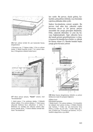 163
136 Sert yalıtım levhalı bir çatı kenarında basınç
dengelenmesi
1 Koruyucu saç, 2 Yağmur oluğu, 3 Çatı su yalıtım
örtüsü, 4 Bitüm kartonlu levha, 5 Isı yalıtım taba-
kası, 6 Dengeleme tabakalı buhar kesici.
137 Hazır pervaz parçası, “Kanis” sistemi, özel
“havalandırmalı”
1 Askılı parça, 2 Su sızdırmaz tabaka, 3 Bitümlü
dökme tabaka, 4 Isı yalıtım tabakası, 5 Askılı parça
arkasında beklenen hava yükselmesi ve akımı 6
Beklenen (ve mutlaka ters etkiyen) yalıtım taba-
kasına yönelik akım, 7 Yalıtım tabakası altında bek-
lenen “havalandırma”
ları vardır. Bu pervaz, alışıla gelmiş, ko-
laylıkla çatlayabilen örülmüş veya betondan
yapılmış plâkadan daha iyidir.
Sadece havalandırma sistemi acaiptir. Bu
pervazı icad eden kişi, yükselen cephe
havasının duvar ve üst pervaz parçası
arasındaki dar yarığa gireceğini düşünmüş.
Oluk, yukarıda dönmekte ve yine dış ha-
vaya bağlanmaktadır. Eğer yükselen hava
dar kanala girişini gerçekleştiremez ve dışa-
rı kaçarsa bu kanalda hava birikir ve yüksek
bir basınç oluşur (?). Burada bundan başka
yarığa giren havanın yalıtım
138 Buhar basıncı dengelenmiş, bitümlü, su yalıtım
tabakasının alçak bir parapete bağlantısı
a)Düşey kesit
b)Perspektif görünüm
1 Buhar kesici, 2 Isı yalıtım tabakası, 3 Çivilenebilir
üst tabakalı özel yalıtım levhası, 4 Oluklu bitümlü
yapı kartonu, 5 Çinko saç için korozyona karşı
önlem, 6 Çinko saç 0,8 mm, 7 Çinko kaplı saç 1
mm, 8 Örtücü saç, 9 Fenolsuz çatı kartonu, 10 Çivi-
lenebilir ahşap beton veya dübel.
 