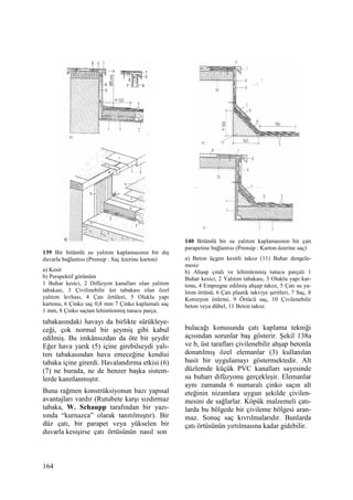 164
139 Bir bitümlü su yalıtım kaplamasının bir dış
duvarla bağlantısı (Prensip : Saç üzerine karton)
a) Kesit
b) Perspektif görünüm
1 Buhar kesici, 2 Difüzyon kanalları olan yalıtım
tabakası, 3 Çivilinebilir üst tabakası olan özel
yalıtım levhası, 4 Çatı örtüleri, 5 Oluklu yapı
kartonu, 6 Çinko saç 0,8 mm 7 Çinko kaplamalı saç
1 mm, 8 Çinko saçtan lehimlenmiş tutucu parça.
tabakasındaki havayı da birlikte sürükleye-
ceği, çok normal bir şeymiş gibi kabul
edilmiş. Bu imkânsızdan da öte bir şeydir
Eğer hava yarık (5) içine girebilseydi yalı-
tım tabakasından hava emeceğine kendisi
tabaka içine girerdi. Havalandırma etkisi (6)
(7) ne burada, ne de benzer başka sistem-
lerde kanıtlanmıştır.
Buna rağmen konstrüksiyonun bazı yapısal
avantajları vardır (Rutubete karşı sızdırmaz
tabaka, W. Schaupp tarafından bir yazı-
sında “kurnazca” olarak tanıtılmıştır). Bir
düz çatı, bir parapet veya yükselen bir
duvarla kesişirse çatı örtüsünün nasıl son
140 Bitümlü bir su yalıtım kaplamasının bir çatı
parapetine bağlantısı (Prensip : Karton üzerine saç)
a) Beton üçgen kesitli takoz (11) Buhar dengele-
mesiz
b) Ahşap çıtalı ve lehimlenmiş tutucu parçalı 1
Buhar kesici, 2 Yalıtım tabakası, 3 Oluklu yapı kar-
tonu, 4 Empregne edilmiş ahşap takoz, 5 Çatı su ya-
lıtım örtüsü, 6 Çatı plastik takviye şeritleri, 7 Saç, 8
Korozyon önlemi, 9 Örtücü saç, 10 Çivilenebilir
beton veya dübel, 11 Beton takoz.
bulacağı konusunda çatı kaplama tekniği
açısından sorunlar baş gösterir. Şekil 138a
ve b, üst tarafları çivilenebilir ahşap betonla
donatılmış özel elemanlar (3) kullanılan
basit bir uygulamayı göstermektedir. Alt
düzlemde küçük PVC kanalları sayesinde
su buharı difüzyonu gerçekleşir. Elemanlar
aynı zamanda 6 numaralı çinko saçın alt
eteğinin nizamlara uygun şekilde çivilen-
mesini de sağlarlar. Köpük malzemeli çatı-
larda bu bölgede bir çivileme bölgesi aran-
maz. Sonuç saç kıvrılmalarıdır. Bunlarda
çatı örtüsünün yırtılmasına kadar gidebilir.
 