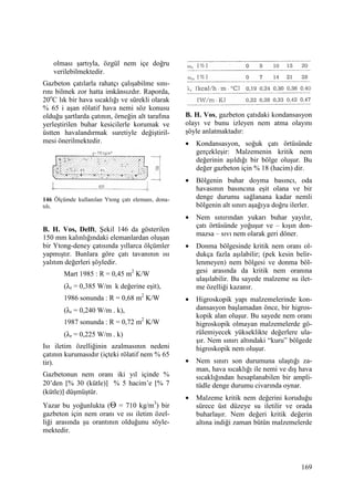 169
olması şartıyla, özgül nem içe doğru
verilebilmektedir.
Gazbeton çatılarla rahatçı çalışabilme sını-
rını bilmek zor hatta imkânsızdır. Raporda,
20o
C lık bir hava sıcaklığı ve sürekli olarak
% 65 i aşan rölatif hava nemi söz konusu
olduğu şartlarda çatının, örneğin alt tarafına
yerleştirilen buhar kesicilerle korumak ve
üstten havalandırmak suretiyle değiştiril-
mesi önerilmektedir.
146 Ölçümde kullanılan Ytong çatı elemanı, dona-
tılı.
B. H. Vos, Delft, Şekil 146 da gösterilen
150 mm kalınlığındaki elemanlardan oluşan
bir Ytong-deney çatısında yıllarca ölçümler
yapmıştır. Bunlara göre çatı tavanının ısı
yalıtım değerleri şöyledir.
Mart 1985 : R = 0,45 m2
K/W
(λr = 0,385 W/m k değerine eşit),
1986 sonunda : R = 0,68 m2
K/W
(λr = 0,240 W/m . k),
1987 sonunda : R = 0,72 m2
K/W
(λr = 0,225 W/m . k)
Isı iletim özelliğinin azalmasının nedeni
çatının kurumasıdır (içteki rölatif nem % 65
tir).
Gazbetonun nem oranı iki yıl içinde %
20’den [% 30 (kütle)] % 5 hacim’e [% 7
(kütle)] düşmüştür.
Yazar bu yoğunlukta (Θ = 710 kg/m3
) bir
gazbeton için nem oranı ve ısı iletim özel-
liği arasında şu orantının olduğunu söyle-
mektedir.
B. H. Vos, gazbeton çatıdaki kondansasyon
olayı ve bunu izleyen nem atma olayını
şöyle anlatmaktadır:
• Kondansasyon, soğuk çatı örtüsünde
gerçekleşir: Malzemenin kritik nem
değerinin aşıldığı bir bölge oluşur. Bu
değer gazbeton için % 18 (hacim) dir.
• Bölgenin buhar doyma basıncı, oda
havasının basıncına eşit olana ve bir
denge durumu sağlanana kadar nemli
bölgenin alt sınırı aşağıya doğru ilerler.
• Nem sınırından yukarı buhar yayılır,
çatı örtüsünde yoğuşur ve – kışın don-
mazsa – sıvı nem olarak geri döner.
• Donma bölgesinde kritik nem oranı ol-
dukça fazla aşılabilir; (pek kesin belir-
lenmeyen) nem bölgesi ve donma böl-
gesi arasında da kritik nem oranına
ulaşılabilir. Bu sayede malzeme su ilet-
me özelliği kazanır.
• Higroskopik yapı malzemelerinde kon-
dansasyon başlamadan önce, bir higros-
kopik alan oluşur. Bu sayede nem oranı
higroskopik olmayan malzemelerde gö-
rülemiyecek yükseklikte değerlere ula-
şır. Nem sınırı altındaki “kuru” bölgede
higroskopik nem oluşur.
• Nem sınırı son durumuna ulaştığı za-
man, hava sıcaklığı ile nemi ve dış hava
sıcaklığından hesaplanabilen bir ampli-
tüdle denge durumu civarında oynar.
• Malzeme kritik nem değerini koruduğu
sürece üst düzeye su iletilir ve orada
buharlaşır. Nem değeri kritik değerin
altına indiği zaman bütün malzemelerde
 