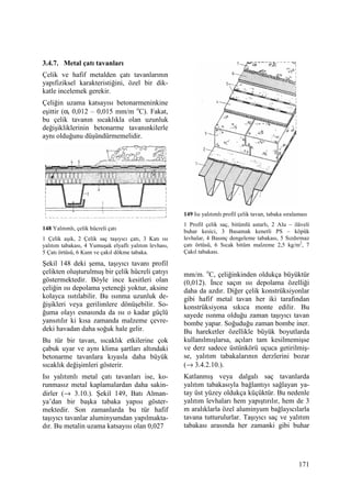 171
3.4.7. Metal çatı tavanları
Çelik ve hafif metalden çatı tavanlarının
yapıfiziksel karakteristiğini, özel bir dik-
katle incelemek gerekir.
Çeliğin uzama katsayısı betonarmeninkine
eşittir (αt 0,012 – 0,015 mm/m o
C). Fakat,
bu çelik tavanın sıcaklıkla olan uzunluk
değişikliklerinin betonarme tavanınkilerle
aynı olduğunu düşündürmemelidir.
148 Yalıtımlı, çelik hücreli çatı
1 Çelik aşık, 2 Çelik saç taşıyıcı çatı, 3 Katı ısı
yalıtım tabakası, 4 Yumuşak elyaflı yalıtım levhası,
5 Çatı örtüsü, 6 Kum ve çakıl dökme tabaka.
Şekil 148 deki şema, taşıyıcı tavanı profil
çelikten oluşturulmuş bir çelik hücreli çatıyı
göstermektedir. Böyle ince kesitleri olan
çeliğin ısı depolama yeteneği yoktur, aksine
kolayca ısıtılabilir. Bu ısınma uzunluk de-
ğişikleri veya gerilimlere dönüşebilir. So-
ğuma olayı esnasında da ısı o kadar güçlü
yansıtılır ki kısa zamanda malzeme çevre-
deki havadan daha soğuk hale gelir.
Bu tür bir tavan, sıcaklık etkilerine çok
çabuk uyar ve aynı klima şartları altındaki
betonarme tavanlara kıyasla daha büyük
sıcaklık değişimleri gösterir.
Isı yalıtımlı metal çatı tavanları ise, ko-
runmasız metal kaplamalardan daha sakin-
dirler (→ 3.10.). Şekil 149, Batı Alman-
ya’dan bir başka tabaka yapısı göster-
mektedir. Son zamanlarda bu tür hafif
taşıyıcı tavanlar aluminyumdan yapılmakta-
dır. Bu metalin uzama katsayısı olan 0,027
149 Isı yalıtımlı profil çelik tavan, tabaka sıralaması
1 Profil çelik saç, bitümlü astarlı, 2 Alu – ilâveli
buhar kesici, 3 Basamak kenetli PS – köpük
levhalar, 4 Basınç dengeleme tabakası, 5 Sızdırmaz
çatı örtüsü, 6 Sıcak bitüm malzeme 2,5 kg/m2
, 7
Çakıl tabakası.
mm/m. o
C, çeliğinkinden oldukça büyüktür
(0,012). Đnce saçın ısı depolama özelliği
daha da azdır. Diğer çelik konstrüksiyonlar
gibi hafif metal tavan her iki tarafından
konstrüksiyona sıkıca monte edilir. Bu
sayede ısınma olduğu zaman taşıyıcı tavan
bombe yapar. Soğuduğu zaman bombe iner.
Bu hareketler özellikle büyük boyutlarda
kullanılmışlarsa, açıları tam kesilmemişse
ve derz sadece üstünkörü uçuca getirilmiş-
se, yalıtım tabakalarının derzlerini bozar
(→ 3.4.2.10.).
Katlanmış veya dalgalı saç tavanlarda
yalıtım tabakasıyla bağlantıyı sağlayan ya-
tay üst yüzey oldukça küçüktür. Bu nedenle
yalıtım levhaları hem yapıştırılır, hem de 3
m aralıklarla özel aluminyum bağlayıcılarla
tavana tutturulurlar. Taşıyıcı saç ve yalıtım
tabakası arasında her zamanki gibi buhar
 