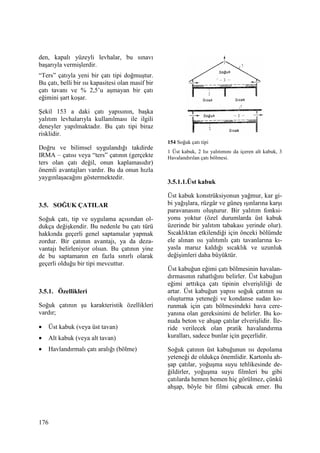 176
den, kapalı yüzeyli levhalar, bu sınavı
başarıyla vermişlerdir.
“Ters” çatıyla yeni bir çatı tipi doğmuştur.
Bu çatı, belli bir ısı kapasitesi olan masif bir
çatı tavanı ve % 2,5’u aşmayan bir çatı
eğimini şart koşar.
Şekil 153 a daki çatı yapısının, başka
yalıtım levhalarıyla kullanılması ile ilgili
deneyler yapılmaktadır. Bu çatı tipi biraz
risklidir.
Doğru ve bilimsel uygulandığı takdirde
IRMA – çatısı veya “ters” çatının (gerçekte
ters olan çatı değil, onun kaplamasıdır)
önemli avantajları vardır. Bu da onun hızla
yaygınlaşacağını göstermektedir.
3.5. SOĞUK ÇATILAR
Soğuk çatı, tip ve uygulama açısından ol-
dukça değişkendir. Bu nedenle bu çatı türü
hakkında geçerli genel saptamalar yapmak
zordur. Bir çatının avantajı, ya da deza-
vantajı belirleniyor olsun. Bu çatının yine
de bu saptamanın en fazla sınırlı olarak
geçerli olduğu bir tipi mevcuttur.
3.5.1. Özellikleri
Soğuk çatının şu karakteristik özellikleri
vardır;
• Üst kabuk (veya üst tavan)
• Alt kabuk (veya alt tavan)
• Havlandırmalı çatı aralığı (bölme)
154 Soğuk çatı tipi
1 Üst kabuk, 2 Isı yalıtımını da içeren alt kabuk, 3
Havalandırılan çatı bölmesi.
3.5.1.1.Üst kabuk
Üst kabuk konstrüksiyonun yağmur, kar gi-
bi yağışlara, rüzgâr ve güneş ışınlarına karşı
paravanasını oluşturur. Bir yalıtım fonksi-
yonu yoktur (özel durumlarda üst kabuk
üzerinde bir yalıtım tabakası yerinde olur).
Sıcaklıktan etkilendiği için önceki bölümde
ele alınan ısı yalıtımlı çatı tavanlarına kı-
yasla maruz kaldığı sıcaklık ve uzunluk
değişimleri daha büyüktür.
Üst kabuğun eğimi çatı bölmesinin havalan-
dırmasının rahatlığını belirler. Üst kabuğun
eğimi arttıkça çatı tipinin elverişliliği de
artar. Üst kabuğun yapısı soğuk çatının su
oluşturma yeteneği ve kondanse sudan ko-
runmak için çatı bölmesindeki hava cere-
yanına olan gereksinimi de belirler. Bu ko-
nuda beton ve ahşap çatılar elverişlidir. Đle-
ride verilecek olan pratik havalandırma
kuralları, sadece bunlar için geçerlidir.
Soğuk çatının üst kabuğunun ısı depolama
yeteneği de oldukça önemlidir. Kartonlu ah-
şap çatılar, yoğuşma suyu tehlikesinde de-
ğildirler, yoğuşma suyu filmleri bu gibi
çatılarda hemen hemen hiç görülmez, çünkü
ahşap, böyle bir filmi çabucak emer. Bu
 