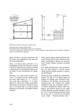 180
Şekil 158 deki su zararları gösterilmiş olan
bir örnek, aynı zamanda bir çok proje ha-
tasını da içermektedir.
Şema a da durum plânı çizilmiştir. 17 m
derinliğinde tek katlı bir kürsü çatı, merkezi
ısıtmalı bir market üzerine soğuk çatı olarak
yerleştirilmiştir. Havalandırma ağızları çatı-
nın doğu ve batı yüzeylerinde yer almak-
tadır.
Bölümün 3.5.4. deki pratik kurallar uya-
rınca 17 m derinlik için en azından çatının
her metre cephe başına 10 . 17 = 170 cm2
hava giriş ağzı açılmalıdır. 17 m derin-
liğinde bir çatının bu şekilde havalandırı-
lamayacağı bir gerçektir. Örnekteki proje-
den 1,5, m arayla çapı 5 cm olan yuvarlak
delikler söz konusudur. Bu delikler etkime-
mişlerdir.
Fakat yapının doğuya bakan tarafında yük-
sek bir komşu bina varmış. Binanın kuzeye
bakan havalandırma ağızları da yok-muş.
Kışın batıdan oldukça yumuşak rüz-gârlar
gelirmiş.
Çok düşük dozlandırılmış olan havalandır-
ma, çok kötü çalışmış ve bunun sonucu
olarak ağızların hemen yanında su oluşum-
ları görülmüştür.
Önemli bir detay eksikliği de eklenmelidir.
Çatının, bir telli sıva tavandan oluşan alt
kabuğu, üst kabuğa asma demirlerle tuttu-
rulmuştur ve bu demirler, korozyona karşı
korunmamıştır. Bu demirler üst kabuğa
değdikleri yerde eksi sıcaklıklar alırlar ve
ısı iletimi özelliklerinin büyük olması ne-
deniyle çatı bölmesi içinde de çok soğuk
kalırlar. Bunların üzerinde kondanse su olu-
şur ve bu su kahverengiye boyanmış halde
alt tavana iner ve sızar (Pas ile boyanmış
suyun varlığı – tamamen donmuş olan –
157 Soğuk çatı olarak “Kürsü çatı”; fonksiyonsuz
a) Detaylarında çatı doğru geliştirilmiştir.
b) Havalandırmanın işlemezliğinin nedeni çevre durumudur.
1 Üst kenar, ahşap kiriş, 2 Elyaf şilte 50 mm, 3 Geçme parçalar, yalıtım tabakası tutucu nitelikte, 4 Kaplama,
delikli sıva sistemi (ilerde düşebilir).
 