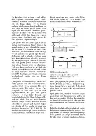 182
Üst kabuğun eğimi azalırsa ve pul şeklin-
deki kaplama elemanları yerine kapalı,
sızdırmaz membran kaplamalar kullanılırsa
çatı tipi değişir (Şekil 159 b). Burada
kaplama içinden dışarı önemli miktarda bir
hava veya su buharı geçişi olmaz. Ama
soğuk çatı karakterinin korunması gerek-
mektedir. Böylece belli bir havalandırma
sağlayacak şekilde özel hava giriş ve çıkış
ağızları açılır. Şekillerde giriş ağızları Z,
çıkış ağızları A ile gösterilmiştir.
Çatı eğitimi daha da azalırsa (Şekil 159 c),
mahya belirsizleşmeye başlar. Projeci bu
nedenle mahyaya hava çıkış ağızları açmaz.
Bu da şema a ya kıyasla bir başka kötü
özelliktir. Çatı bölmesi kışın alttan ısıtıldığı
ve çatı zeminine ısı girdiği için havalan-
dırılmayan mahya altında o bilinen sıcak
hava kesecikleri oluşur (Şekilde taranmış-
tır). Bu sayede soğuk kabukta su oluşabil-
mesi için gerekli şartlar mevcut olmuştur.
Çatı altında bundan sonra su oluşmaları,
küflenme, korozyon hasarları şeklinde gö-
rülecek, çatıdaki kar çabuk eriyecek ve bu-
na bağlı buzlaşma zararları belirecektir.
Şekil 159 d deki çatı, en yüksek noktasında
havalandırmalı olduğu için son derece
verimlidir.
Çatı eğimini azaltma modasıyla birlikte ara-
sında eğimleri olan ara basamaklar kulla-
nışlıdır. Şekil 160 a, tamamen düz çatıyı
göstermektedir. Bir mahya yoktur. Çatı
yüzeyinde bir hava çıkış ağzı da artık
yapılmamaktadır. Bu çatı türü, şartlar
zorlanırsa 12 m’ye kadar derinliği olan
binalarda kullanılabilir. Daha fazla derinlik-
lerde çatı içinde, dışa hava veren havalan-
dırıcılar tavsiye olunur. Bunların binanın
ortasında yer almaları şart değildir. Soğuk
çatı altında tek bir tarafta bir ıslak oda
olduğunu farzedelim (Şekil 160 b). Bu
durumda havalandırıcıyı, çatının üçte birine
rastlayan noktaya yerleştirmek doğru olur.
Bir de suyu içten atan çatılar vardır. Kele-
bek çatılar (Şekil c). Fakat burada çatı
bölmesinin havalandırması problemlidir.
160 Düz soğuk çatı çeşitleri
a) Havalandırma ağızları sadece duvarlarda
b) Çatıda dışa hava veren ağızlar var
c) Kelebek çatılar
Hava çıkış ağzının yeri çatının yüksek nok-
tasıdır. Burada A noktası… Rüzgârın sıkış-
tırma basıncıyla hava giriş ağzı Z-den içeri
giren hava, bu sayede çıkış ağzının hemen
yanında olurdu.
Đçeri giren hava, mutlaka yukarıdan dışarı
çıkabilmek için havalandırıcıya giden en
kısa yolu seçecektir. Böylece duvardaki ha-
va dönüşleri meydana gelirdi fakat çatı böl-
mesinde beklenen havalandırma zor oluşur-
du.
Fakat bu, kelebek çatıların soğuk çatı olarak
kullanılamayacakları anlamına gelmez. Bu,
yapıfiziksel yüklenmeye (etkilenmeye) bağ-
lıdır. Çatının alt kabuğu sızdırmaz, masif
bir ağır beton tavandan meydana gelmişse,
 