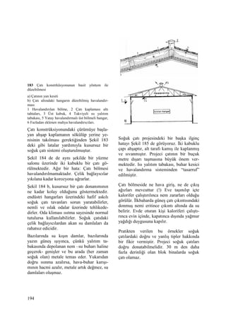 194
183 Çatı konstrküsyonunun basit yöntem ile
düzeltilmesi
a) Çatının yan kesiti
b) Çatı altındaki hangarın düzeltilmiş havalandır-
ması
1 Havalandırılan bölme, 2 Çatı kaplaması altı
tahtaları, 3 Üst kabuk, 4 Takviyeli ısı yalıtım
tabakası, 5 Yatay havalandırmalı üst bölmeli hangar,
6 Fazladan eklenen mahya havalandırıcıları.
Çatı konstrüksiyonundaki çürümüye başla-
yan ahşap kaplamanın sökülüp yerine ye-
nisinin takılması gerektiğinden Şekil 183
deki gibi latalar yardımıyla kusursuz bir
soğuk çatı sistemi oluşturulmuştur.
Şekil 184 de de aynı şekilde bir yüzme
salonu üzerinde iki kabuklu bir çatı gö-
rülmektedir. Ağır bir hata: Çatı bölmesi
havalandırılmamaktadır. Çelik bağlayıcılar
yıkılana kadar korozyona uğrarlar.
Şekil 184 b, kusursuz bir çatı donanımının
ne kadar kolay olduğunu göstermektedir.
endüstri hangarları üzerindeki hafif askılı
soğuk çatı tavanları sorun yaratabilirler,
nemli ve ıslak odalar üzerinde tehlikede-
dirler. Oda kliması ısıtma sayesinde normal
tutulursa kullanılabilirler. Soğuk çatıdaki
çelik bağlayıcılardan akan su damlaları da
rahatsız edicidir.
Bazılarında su kışın damlar, bazılarında
yazın güneş ışıyınca, çünkü yalıtım ta-
bakasında depolanan nem –su buharı haline
geçerek- genişler ve bu arada (her zaman
soğuk olan) metale temas eder. Yukarıdan
doğru ısınma azalırsa, hava-buhar karışı-
mının hacmi azalır, metale artık değmez, su
damlaları oluşmaz.
Soğuk çatı projesindeki bir başka ilginç
hatayı Şekil 185 de görüyoruz. Đki kabuklu
çapı ahşaptır, alt tarafı kamış ile kaplanmış
ve sıvanmıştır. Projeci çatının bir buçuk
metre dışarı taşmasına büyük önem ver-
mektedir. Isı yalıtım tabakası, buhar kesici
ve havalandırma sisteminden “tasarruf”
edilmiştir.
Çatı bölmeside ne hava giriş, ne de çıkış
ağızları mevcuttur (!) Eve taşınılıp içte
kalorifer çalıştırılınca nem zararları olduğu
görülür. Đlkbaharda güneş çatı çıkıntısındaki
donmuş nemi eritince çıkıntı altında da su
belirir. Evde oturan kişi kaloriferi çalıştı-
rınca evin içinde, kapatınca dışında yağmur
yağdığı duygusuna kapılır.
Pratikten verilen bu örnekler soğuk
çatılardaki doğru ve yanlış tipler hakkında
bir fikir vermiştir. Projeci soğuk çatıları
doğru donatabilmelidir. 30 m den daha
fazla derinliği olan blok binalarda soğuk
çatı olamaz.
 