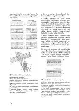 226
edebileceği için bu sorun teşkil etmez. Bu
tür kum tabakalarının sürüklenip gitme teh-
likesi vardır.
224 Teras örtüsündeki genleşme derzleri
a) Kum üzernide beton şap
b) Đki katlı Gartenmann kaplaması
c) Kanal oluşturucu ve sızdırmaz dolgu malzemeli
Gartenmann kaplaması
d) Koruma betonu ve yürüme yolu plâkaları, kanal
oluşturuculu
e) Yatay ve düşey dolgulu kanal oluşturuculara
perspektif bakış
1 Sızdırmaz tabaka, 2 Beton, 3 Beton kullanma
tabakası, 4 Plâka kaplama, 5 Kum tabakası üzerine
yağlı kağıt, 6 Kanal oluşturucu
d detayı, su geçirgen derz malzemeli Gar-
tenmann tabakasını göstermektedir.
c detayı geçirgen bir derz dolgu
malzemesinin bulunmadığı bir çeşidi gös-
termektedir. Burada eğimi kesen her derz
altına, derz bitümle doldurulsa bile küçük
su kanallarının açık kalmasını sağlayan bir
örtü (6) yerleştirilir. Bu örtüler kartondan
veya daha iyi, plastik malzemeden olu-
şurlar. Dalgalı, ondüleli veya herhangi
başka bir görünüşe sahip olabilirler.
d detayı, sızdırmaz tabaka üzerinde dona
dayanıklı levhalarla (4) örtülmüş koruma
betonunu (2) göstermektedir. Derz, yuka-
rıdaki gibidir ve plastik malzemeden bir
ondüle şeride sahiptir. e detayı kanal oluş-
turan örtünün yerleştirilmesini açıkça gös-
termektedir.
Bir teras çatı tavanında çok sayıda tabaka
vardır. Tabaka sıralaması bazen tartışmalara
neden olabilir. Kramet – Doblander Şekil
225 a’daki yapıyı tavsiye etmektedir.
Burada eğim betonu sızdırmaz tabaka
225 Geleneksel teras çatı, doğru ve yanlış
a) Tavsiye edilen fakat hatalı uygulama, sızdırmaz
tabakanın üzerinde eğim tabakası var
b) Sızdırmaz tabakanın altında eğim tabakası olan
düzeltilmiş uygulama
1 Çatı tavanı, 2 Buhar kesici, 3 Sert ısı yalıtım
tabakası, 4 Buhar dengeci (burada hiç değeri yok), 5
Yatay sızdırmaz tabaka, 6 Kum tabakası, 7 Eğim
betonu, 8 Plaka kaplama, 9 Eğimli sızdırmaz tabaka,
10 Koruma betonu (Beton içindeki boyuna derz
geçirgen olmalıdır)
 