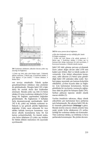 235
241 Sızdırmaz tabakanın yükselen duvara çinko saç
aracılığı ile bağlantısı
1 Çinko saç örtü, arka yüzü bitüm kaplı, 2 Bitümlü
dökme malzeme, 3 Beton şap, 4 Sızdırmaz tabaka, 5
Yük dağıtıcı, 6 Çatı örtüsü, 7 Yalıtım tabakası, 8
Buhar freni
sını tavsiye etmektedir. Teknik açıdan
gerçekleştirilmesi imkânsız olan çözümler
de görülmektedir. Örneğin Şekil 242 a’daki
detay bir meslek okulu ders kitabından
alınmıştır. Burada çinko saç örtü (1) beton
tabaka (2) içine (sızdırmaz tabakayla (3) her
hangi bir bağlantı yapılmadan) doğrudan
gömülmüştür. Bu bağlantının 4 haftadan
fazla dayanamıyacağı sanılmaktadır. Şekil
242 b de, çinko saç örtünün sızdırmaz ta-
bakayla iç içe gelecek şekilde bağlanması
doğrudur. Çinko saçın arkasında bir ince
tabaka halinde korozyon korunması veya
duvar alkalik kusmalarına karşı bir kat
karton yerleştirilmelidir. En önemli nokta,
yine beton tabakanın (2) çinko saç örtüden
bir bütüm döküm malzemesi (4) sayesinde
ayırılmasıdır.
242 Bir teras çatının duvar bağlantısı
a) Bir ders kitabında tavsiye edildiği gibi; hatalı
b) Doğru uygulama
1 Çinko sac örtü (Şema a’da çabuk paslanır), 2
Beton şap, 3 Sızdırmaz tabaka, 4 Çinko saç ve
betonun derz dolgu malzemesi ile (ok) ayırılması, 5
Korozyon koruması, 6 Sürekli elastik macun
Şekil 243 deki gömme pervaza çivilenmek
üzere yukarı doğru devam eden (150 mm
kadar) çatı örtüsü, ilkel ve teknik açıdan el-
verişsizdir. Çatı örtüsü nihayetinin korun-
ması, sabit takozun (3) beton içine gömül-
düğü Şekil 244 unkinden daha iyidir. Ser-
best papuç sayesinde çatı kartonu kolaylıkla
sökülebilir, çivilere kıyasla daha iyi bağla-
nır. Çatı kartonunun korumasının, betona
gömülmüş bir ray-korniş vasıtasıyla sağlan-
ması daha da güzel bir buluştur (Şekil 245).
Serbest pabucun tepesine sürekli elastik
macun sürülür (5).
Verilen örneklerin sakıncası, düşey olarak
yükseltilen çatı kartonunun hava şartlarına
açık bulunmasıdır. Bu sakınca Şekil 246 de-
ki sistemde giderilmiştir (Schaupp’a göre).
Burada üzerine aracısız olarak çimento harç
yatak içinde levha tabakasının (2) yerleş-
tirildiği bir sızdırmaz tabaka söz konusudur.
Tüm sızdırmaz tabaka, iyi örtülmüş ve hava
şartlarında korunmuştur. Bu çözüm duvarın
 