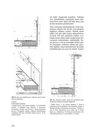 238
250 Bir düz çatı kaplamasının yükselen hazır beton
duvara bağalantısı
a) Kesit
b) Perspektif görünüş
1 Buhar kesici, 2 Isı yalıtım tabakası, 3 Çivilenebilir
eleman, 4 Ondüleli yapı kartonu, 5 Korozyon
korunumu, 6 Çinko saç, 0,8 mm, 7 Kenar koruyucu
pervaz, 8 Rondelalı vidalar, vidaların birbirlerinden
uzaklıkları 250 mm, 9 Sürekli elastik macun, 10 Su
yalıtım örtüsü
nin farklı oluşlarında aranabilir. Yaklaşık
aynı yükseklikteki zeminlerde beton mal-
zeme biraz azalır. Şekil 249 daki detay yine
de hala tamamen gelenekseldir.
Hazır elemanlar kullanıldığında, beton kap-
lamanın yükselen bir duvara veya parapete
bağlantısı oldukça zorlaşır. Burada ancak
(Şekil 250 deki gibi) karton nihayetlerinin,
en fazla 250 mm aralıklarla zımbalı cıva-
talarla monte edilen çinko saçdan kenar per-
vazlarıyla tutturulmaları mümkündür. Ke-
nar pervazı ve duvar arasındaki sürekli elas-
tik macundan sızdırmaz tabaka pek güve-
nilir değildir. Saçın hareketleriyle duvardan
çözülebileceği için saçın (9) sürekli kontrol
251 Bir kartonlu çatının arada bir genleşme derzi
bırakılarak yükselen parapete bağlantısı
1 Buhar kesici, 2 Isı yalıtım tabakası, 3 Derz’in
sızdırmaz şerit ile örtülüşü, 4 Çivilenebilir eleman, 5
Mineral elyaflar, 6 Korozyon korunumu, 7 Çinko ve
saç, 8 Üstte aluminyum veya çinko saç 9 Çinko
kaplı saç, vidalanmış, 10 Korozyon korunumu, ola-
rak fenolsüz karton, 11 Çatı örtüsü, 12 Tutucu
 