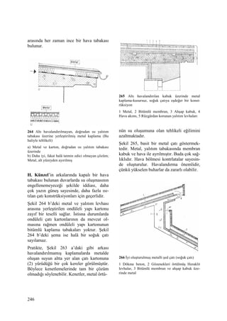 246
arasında her zaman ince bir hava tabakası
bulunur.
264 Altı havalandırılmayan, doğrudan ısı yalıtım
tabakası üzerine yerleştirilmiş metal kaplama (Bu
haliyle tehlikeli)
a) Metal ve karton, doğrudan ısı yalıtım tabakası
üzerinde
b) Daha iyi, fakat halâ tatmin edici olmayan çözüm;
Metal, alt yüzeyden ayırılmış
H. Künzel’in arkalarında kapalı bir hava
tabakası bulunan duvarlarda su oluşmasının
engellenemeyeceği şekilde iddiası, daha
çok yazın güneş sayesinde, daha fazla ısı-
tılan çatı konstrüksiyonları için geçerlidir.
Şekil 264 b’deki metal ve yalıtım levhası
arasına yerleştirilen ondüleli yapı kartonu
zayıf bir teselli sağlar. Đstisna durumlarda
ondüleli çatı kartonlarının da mevcut ol-
masına rağmen ondüleli yapı kartonunun
bitümlü kaplama tabakaları yoktur. Şekil
264 b’deki şema ise halâ bir soğuk çatı
sayılamaz.
Pratikte, Şekil 263 a’daki gibi arkası
havalandırılmamış kaplamalarda metalde
oluşan suyun altta yer alan çatı kartonuna
(2) yürüdüğü bir çok kereler görülmüştür.
Böylece kenetlemelerinde tam bir çözüm
olmadığı söylenebilir. Kenetler, metal örtü-
265 Altı havalandırılan kabuk üzerinde metal
kaplama-kusursuz, soğuk çatıya eşdeğer bir konst-
rüksiyon
1 Metal, 2 Bitümlü membran, 3 Ahşap kabuk, 4
Hava akımı, 5 Rüzgârdan korunan yalıtım levhaları
nün su oluşumuna olan tehlikeli eğilimini
azaltmaktadır.
Şekil 265, basit bir metal çatı göstermek-
tedir. Metal, yalıtım tabakasında membran
kabuk ve hava ile ayrılmıştır. Buda çok sağ-
lıklıdır. Hava bölmesi kontrlatalar sayesin-
de oluşturulur. Havalandırma önemlidir,
çünkü yükselen buharlar da zararlı olabilir.
266 Đyi oluşturulmuş metalli şed çatı (soğuk çatı)
1 Dökme beton, 2 Gözenekleri örtülmüş Heraklit
levhalar, 3 Bitümlü membran ve ahşap kabuk üze-
rinde metal
 