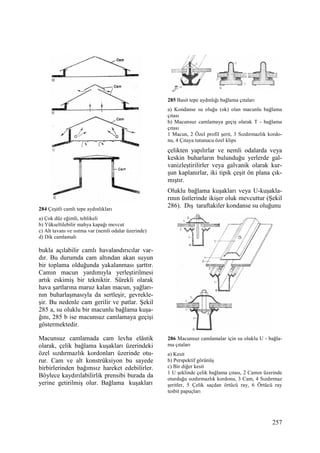 257
284 Çeşitli camlı tepe aydınlıkları
a) Çok düz eğimli, tehlikeli
b) Yükseltilebilir mahya kapağı mevcut
c) Alt tavanı ve ısıtma var (nemli odalar üzerinde)
d) Dik camlamalı
bukla açılabilir camlı havalandırıcılar var-
dır. Bu durumda cam altından akan suyun
bir toplama olduğunda yakalanması şarttır.
Camın macun yardımıyla yerleştirilmesi
artık eskimiş bir tekniktir. Sürekli olarak
hava şartlarına maruz kalan macun, yağları-
nın buharlaşmasıyla da sertleşir, gevrekle-
şir. Bu nedenle cam gerilir ve patlar. Şekil
285 a, su oluklu bir macunlu bağlama kuşa-
ğını, 285 b ise macunsuz camlamaya geçişi
göstermektedir.
Macunsuz camlamada cam levha elâstik
olarak, çelik bağlama kuşakları üzerindeki
özel sızdırmazlık kordonları üzerinde otu-
rur. Cam ve alt konstrüksiyon bu sayede
birbirlerinden bağımsız hareket edebilirler.
Böylece kaydırılabilirlik prensibi burada da
yerine getirilmiş olur. Bağlama kuşakları
285 Basit tepe aydınlığı bağlama çıtaları
a) Kondanse su oluğu (ok) olan macunlu bağlama
çıtası
b) Macunsuz camlamaya geçiş olarak T - bağlama
çıtası
1 Macun, 2 Özel profil şerit, 3 Sızdırmazlık kordo-
nu, 4 Çıtaya tutunucu özel klips
çelikten yapılırlar ve nemli odalarda veya
keskin buharların bulunduğu yerlerde gal-
vanizleştirilirler veya galvanik olarak kur-
şun kaplanırlar, iki tipik çeşit ön plana çık-
mıştır.
Oluklu bağlama kuşakları veya U-kuşakla-
rının üstlerinde ikişer oluk mevcuttur (Şekil
286). Dış taraftakiler kondanse su oluğunu
286 Macunsuz camlamalar için su oluklu U - bağla-
ma çıtaları
a) Kesit
b) Perspektif görünüş
c) Bir diğer kesit
1 U şeklinde çelik bağlama çıtası, 2 Camın üzerinde
oturduğu sızdırmazlık kordonu, 3 Cam, 4 Sızdırmaz
şeritler, 5 Çelik saçdan örtücü ray, 6 Örtücü ray
tesbit papuçları
 