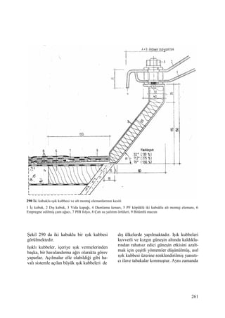261
Şekil 290 da iki kabuklu bir ışık kubbesi
görülmektedir.
Işıklı kubbeler, içeriye ışık vermelerinden
başka, bir havalandırma ağzı olarakta görev
yaparlar. Açılmalar elle olabildiği gibi ha-
valı sistemle açılan büyük ışık kubbeleri de
dış ülkelerde yapılmaktadır. Işık kubbeleri
kuvvetli ve kızgın güneşin altında kaldıkla-
rından rahatsız edici güneşin etkisini azalt-
mak için çeşitli yöntemler düşünülmüş, asıl
ışık kubbesi üzerine renklendirilmiş yansıtı-
cı ilave tabakalar konmuştur. Aynı zamanda
290 Đki kabuklu ışık kubbesi ve alt montaj elemanlarının kesiti
1 Đç kabuk, 2 Dış kabuk, 3 Vida kapağı, 4 Damlama kenarı, 5 PF köpüklü iki kabuklu alt montaj elemanı, 6
Empregne edilmiş çam ağacı, 7 PIB folyo, 8 Çatı su yalıtım örtüleri, 9 Bitümlü macun
 