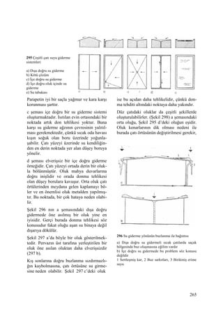 265
Parapetin iyi bir saçla yağmur ve kara karşı
korunması şarttır.
c şeması içe doğru bir su giderme sistemi
oluşturmaktadır. Isıtılan evin ortasındaki bir
noktada artık don tehlikesi yoktur. Buna
karşı su giderme ağzının çevresinin yalıtıl-
ması gerekmektedir, çünkü sıcak oda havası
kışın soğuk olan boru üzerinde yoğunla-
şabilir. Çatı yüzeyi üzerinde su kendiliğin-
den en derin noktada yer alan düşey boruya
yönelir.
d şeması elverişsiz bir içe doğru giderme
örneğidir. Çatı yüzeyi ortada derin bir oluk-
la bölünmüştür. Oluk mahya duvarlarına
doğru inişlidir ve orada donma tehlikesi
olan düşey borulara kavuşur. Orta oluk çatı
örtülerinden meydana gelen kaplamayı bö-
ler ve en önemlisi oluk metalden yapılmış-
tır. Bu noktada, bir çok hataya neden olabi-
lir.
Şekil 296 nın a şemasındaki dışa doğru
gidermede öne asılmış bir oluk yine en
iyisidir. Gerçi burada donma tehlikesi söz
konusudur fakat oluğu aşan su binaya değil
dışarıya dökülür.
Şekil 297 a’da böyle bir oluk gösterilmek-
tedir. Pervazın üst tarafına yerleştirilen bir
oluk öne asılan oluktan daha elverişsizdir
(297 b).
Kış sonlarına doğru buzlanma sızdırmazlı-
ğın kaybolmasına, çatı örtüsüne su girme-
sine neden olabilir. Şekil 297 c’deki oluk
ise bu açıdan daha tehlikelidir, çünkü don-
ma tehditi altındaki noktaya daha yakındır.
Düz çatıdaki oluklar da çeşitli şekillerde
oluşturulabilirler. (Şekil 298) a şemasındaki
orta oluğu, Şekil 295 d’deki oluğun eşidir.
Oluk kenarlarının dik olması nedeni ile
burada çatı örtüsünün değiştirilmesi gerekir,
296 Su giderme yönünün buzlanma ile bağıntısı
a) Dışa doğru su gidermeli sıcak çatılarda saçak
bölgesinde buz oluşmasına eğilim vardır
b) Đçe doğru su gidermede bu problem söz konusu
değildir
1 Sertleşmiş kar, 2 Buz sarkıtları, 3 Birikmiş erime
suyu
295 Çeşitli çatı suyu giderme
sistemleri
a) Dışa doğru su giderme
b) Kötü çözüm
c) Đçe doğru su giderme
d) Đçe doğru oluk içinde su
giderme
e) Su tabakası
 