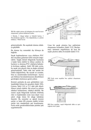 273
311 Bir soğuk çatının alt kabuğunu bir masif tavanın
oluşturması, çatının tehlikesini azaltır.
1 Mertek, 2 Ahşap kabuk ve bitümlü karton, 3
Havalandırma ağızları, 4 Đyi düşünülmüş ısı yalıtım
tabakası, 5 Masif tavan
göstermektedir. Bu saçaktaki donma olduk-
ça güçlüdür.
Bu donma kış sonundaki dış klimaya da
bağlıdır.
Saçak kaplamalarının veya olukların PVC
den meydana gelmeleri kötü sonuçlar doğu-
rabilir. Soğuk iklimli bölgelerde buzlanma
o kadar fazla olabilir ki itfaiye yardımı ile
buzların ve donmuş PVC olukların baltalar-
la kırılması sağlanır. Şekil 308 deki çizim,
bu saçak için geçerli olan en doğru çözümü
göstermektedir. Sabit oluk öne asmalı bir
olukla değiştirilmiş. Bu sayede en azından,
bina su zararlarından kurtarılmıştır. Ayrıca
çatı bölmesi havalandırmasının düzeltilmesi
gerektiğini söylemeye gerek yoktur.
Kiremit çatılarda da aynı görüntülere rast-
lanabildiği bilinen bir gerçektir (Şekil 309).
Çatının, Şekil 310 ve 311 deki gibi düzel-
tilmesi yararlı olabilir. Bir eriyen su yalıtım
tabakası kullanılması, oldukça etkilidir. Bu
sistem saçak bölgesinde kartonla örtülmüş
olan ve kaplamadan sızan suyu dışarı veya
askılı oluğa ileten bir ahşap kabuktan
ibarettir. Bu sistemler az eğimli kiremit
çatılar ve hatta lifli çimento ondüle levhalı
çatılar için standartlarla şart koşulmuştur.
Fazla emek gerektirdiklerinden pratikte pek
uygulanmazlar.
Uzun bir saçak çıkıntısı buz eşiklerinin
oluşumunu hızlandırır (Şekil 312). Buzlan-
mayı tamamen engellemese de kısa bir
saçak çıkıntısı daha elverişlidir (Şekil 313)
312 Fazla uzun saçaklar buz eşikleri oluşumunu
hızlandırır.
313 Kısa saçaklar, saçak bölgesinde daha az aşırı
soğuma tesiri yapar.
 