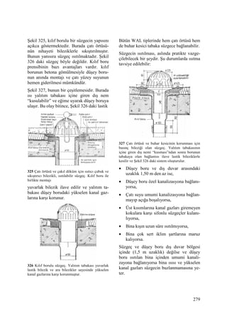 279
Şekil 325, kılıf borulu bir süzgecin yapısını
açıkca göstermektedir. Burada çatı örtüsü-
nün nihayeti bileziklerle sıkıştırılmıştır.
Bunun yanısıra süzgeç ısıtılmaktadır. Şekil
326 daki süzgeç böyle değildir. Kılıf boru
prensibinin bazı avantajları vardır. kılıf
borunun betona gömülmesiyle düşey boru-
nun anında montajı ve çatı yüzey suyunun
hemen giderilmesi mümkündür.
Şekil 327, bunun bir çeşitlemesidir. Burada
ısı yalıtım tabakası içine giren dış nem
“kusulabilir” ve eğime uyarak düşey boruya
ulaşır. Bu olay bitince, Şekil 326 daki lastik
325 Çatı örtüsü ve çakıl döküm için ısıtıcı çubuk ve
sıkıştırıcı bilezikli, ısıtılabilir süzgeç. Kılıf boru ile
birlikte montajı
yuvarlak bilezik ilave edilir ve yalıtım ta-
bakası düşey borudaki yükselen kanal gaz-
larına karşı korunur.
326 Kılıf borulu süzgeç. Yalıtım tabakası yuvarlak
lastik bilezik ve ara bilezikler sayesinde yükselen
kanal gazlarına karşı korunmuştur.
Bütün WAL tiplerinde hem çatı örtüsü hem
de buhar kesici tabaka süzgece bağlanabilir.
Süzgecin ısıtılması, aslında pratikte vazge-
çilebilecek bir şeydir. Şu durumlarda ısıtma
tavsiye edilebilir:
327 Çatı örtüsü ve buhar kesicinin korunması için
basınç bileziği olan süzgeç. Yalıtım tabakasının
içine giren dış nemi “kusması”ndan sonra borunun
tabakaya olan bağlantısı ilave lastik bileziklerle
kesilir ve Şekil 326 daki sistem oluşturulur.
• Düşey boru ve dış duvar arasındaki
uzaklık 1,50 m den az ise,
• Düşey boru özel kanalizasyona bağlanı-
yorsa,
• Çatı suyu umumi kanalizasyona bağlan-
mayıp açığa boşalıyorsa,
• Üst kısımlarına kanal gazları giremeyen
kokulara karşı sifonlu süzgeçler kulanı-
lıyorsa,
• Bina kışın uzun süre ısıtılmıyorsa,
• Bina çok sert iklim şartlarına maruz
kalıyorsa.
Süzgeç ve düşey boru dış duvar bölgesi
içinde (1,5 m uzaklık) değilse ve düşey
boru ısıtılan bina içinden umumi kanali-
zayona bağlanıyorsa bina ısısı ve yükselen
kanal gazları süzgecin buzlanmamasına ye-
ter.
 