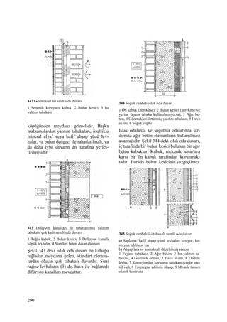 290
342 Geleneksel bir ıslak oda duvarı
1 Seramik koruyucu kabuk, 2 Buhar kesici, 3 Isı
yalıtım tabakası
köpüğünden meydana gelmelidir. Başka
malzemelerden yalıtım tabakaları, özellikle
mineral elyaf veya hafif ahşap yünü lev-
halar, ya buhar dengeci ile rahatlatılmalı, ya
da daha iyisi duvarın dış tarafına yerleş-
tirilmelidir.
343 Difüzyon kanalları ile rahatlatılmış yalıtım
tabakalı, çok katlı nemli oda duvarı
1 Tuğla kabuk, 2 Buhar kesici, 3 Difüzyon kanallı
köpük levhalar, 4 Standart beton duvar elemanı
Şekil 343 deki ıslak oda duvarı ön kabuğu
tuğladan meydana gelen, standart eleman-
lardan oluşan çok tabakalı duvardır. Suni
reçine levhaların (3) dış hava ile bağlantılı
difüzyon kanalları mevcuttur.
344 Soğuk cepheli ıslak oda duvarı
1 Ön kabuk (gerekirse), 2 Buhar kesici (gerekirse ve
yerine fayans tabaka kullanılamıyorsa), 3 Ağır be-
ton, 4 Gözenekleri örtülmüş yalıtım tabakası, 5 Hava
akımı, 6 Soğuk cephe
Islak odalarda ve soğutma odalarında sız-
dırmaz ağır beton elemanların kullanılması
avantajlıdır. Şekil 344 deki ıslak oda duvarı,
iç tarafında bir buhar kesici bulunan bir ağır
beton kabuktur. Kabuk, mekanik hasarlara
karşı bir ön kabuk tarafından korunmak-
tadır. Burada buhar kesicinin vazgeçilmez
345 Soğuk cepheli iki tabakalı nemli oda duvarı
a) Saplama, hafif ahşap yünü levhaları kesiyor, ko-
rozyon tehlikesi var
b) Ahşap lata ve kontrlatalı düzeltilmiş sistem
1 Fayans tabakası, 2 Ağır beton, 3 Isı yalıtım ta-
bakası, 4 Gözenek örtüsü, 5 Hava akımı, 6 Ondüle
levha, 7 Korozyondan korunma tabakası (cephe me-
tal ise), 8 Empregne edilmiş ahşap, 9 Mesafe tutucu
olarak kontrlata
 