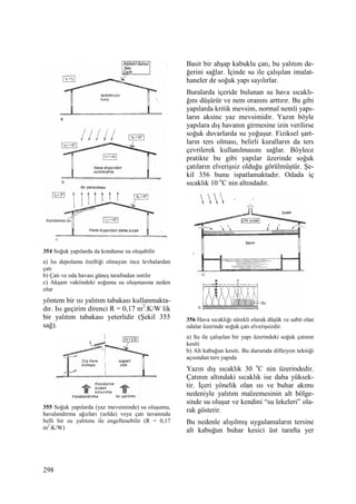298
354 Soğuk yapılarda da kondanse su oluşabilir
a) Isı depolama özelliği olmayan ince levhalardan
çatı
b) Çatı ve oda havası güneş tarafından ısıtılır
c) Akşam vaktindeki soğuma su oluşmasına neden
olur
yöntem bir ısı yalıtım tabakası kullanmakta-
dır. Isı geçirim direnci R = 0,17 m2
.K/W lik
bir yalıtım tabakası yeterlidir (Şekil 355
sağ).
355 Soğuk yapılarda (yaz mevsiminde) su oluşumu,
havalandırma ağızları (solda) veya çatı tavanında
belli bir ısı yalıtımı ile engellenebilir (R = 0,17
m2
.K/W)
Basit bir ahşap kabuklu çatı, bu yalıtım de-
ğerini sağlar. Đçinde su ile çalışılan imalat-
haneler de soğuk yapı sayılırlar.
Buralarda içeride bulunan su hava sıcaklı-
ğını düşürür ve nem oranını arttırır. Bu gibi
yapılarda kritik mevsim, normal nemli yapı-
ların aksine yaz mevsimidir. Yazın böyle
yapılara dış havanın girmesine izin verilirse
soğuk duvarlarda su yoğuşur. Fiziksel şart-
ların ters olması, belirli kuralların da ters
çevrilerek kullanılmasını sağlar. Böylece
pratikte bu gibi yapılar üzerinde soğuk
çatıların elverişsiz olduğu görülmüştür. Şe-
kil 356 bunu ispatlamaktadır. Odada iç
sıcaklık 10 o
C nin altındadır.
356 Hava sıcaklığı sürekli olarak düşük ve sabit olan
odalar üzerinde soğuk çatı elverişsizdir.
a) Su ile çalışılan bir yapı üzerindeki soğuk çatının
kesiti
b) Alt kabuğun kesiti. Bu durumda difüzyon tekniği
açısından ters yapıda
Yazın dış sıcaklık 30 o
C nin üzerindedir.
Çatının altındaki sıcaklık ise daha yüksek-
tir. Đçeri yönelik olan ısı ve buhar akımı
nedeniyle yalıtım malzemesinin alt bölge-
sinde su oluşur ve kendini “su lekeleri” ola-
rak gösterir.
Bu nedenle alışılmış uygulamaların tersine
alt kabuğun buhar kesici üst tarafta yer
 