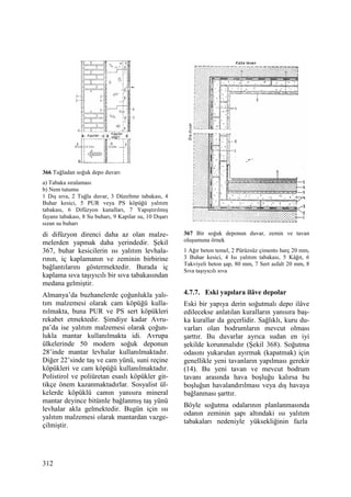 312
366 Tuğladan soğuk depo duvarı
a) Tabaka sıralaması
b) Nem tutumu
1 Dış sıva, 2 Tuğla duvar, 3 Düzeltme tabakası, 4
Buhar kesici, 5 PUR veya PS köpüğü yalıtım
tabakası, 6 Difüzyon kanalları, 7 Yapıştırılmış
fayans tabakası, 8 Su buharı, 9 Kapilar su, 10 Dışarı
sızan su buharı
di difüzyon direnci daha az olan malze-
melerden yapmak daha yerindedir. Şekil
367, buhar kesicilerin ısı yalıtım levhala-
rının, iç kaplamanın ve zeminin birbirine
bağlantılarını göstermektedir. Burada iç
kaplama sıva taşıyıcılı bir sıva tabakasından
medana gelmiştir.
Almanya’da buzhanelerde çoğunlukla yalı-
tım malzemesi olarak cam köpüğü kulla-
nılmakta, buna PUR ve PS sert köpükleri
rekabet etmektedir. Şimdiye kadar Avru-
pa’da ise yalıtım malzemesi olarak çoğun-
lukla mantar kullanılmakta idi. Avrupa
ülkelerinde 50 modern soğuk deponun
28’inde mantar levhalar kullanılmaktadır.
Diğer 22’sinde taş ve cam yünü, suni reçine
köpükleri ve cam köpüğü kullanılmaktadır.
Polistirol ve poliüretan esaslı köpükler git-
tikçe önem kazanmaktadırlar. Sosyalist ül-
kelerde köpüklü camın yanısıra mineral
mantar deyince bitümle bağlanmış taş yünü
levhalar akla gelmektedir. Bugün için ısı
yalıtım malzemesi olarak mantardan vazge-
çilmiştir.
367 Bir soğuk deponun duvar, zemin ve tavan
oluşumuna örnek
1 Ağır beton temel, 2 Pürüzsüz çimento harç 20 mm,
3 Buhar kesici, 4 Isı yalıtım tabakası, 5 Kâğıt, 6
Takviyeli beton şap, 80 mm, 7 Sert asfalt 20 mm, 8
Sıva taşıyıcılı sıva
4.7.7. Eski yapılara ilâve depolar
Eski bir yapıya derin soğutmalı depo ilâve
edilecekse anlatılan kuralların yanısıra baş-
ka kurallar da geçerlidir. Sağlıklı, kuru du-
varları olan bodrumların mevcut olması
şarttır. Bu duvarlar ayrıca sudan en iyi
şekilde korunmalıdır (Şekil 368). Soğutma
odasını yukarıdan ayırmak (kapatmak) için
genellikle yeni tavanların yapılması gerekir
(14). Bu yeni tavan ve mevcut bodrum
tavanı arasında hava boşluğu kalırsa bu
boşluğun havalandırılması veya dış havaya
bağlanması şarttır.
Böyle soğutma odalarının planlanmasında
odanın zeminin şapı altındaki ısı yalıtım
tabakaları nedeniyle yüksekliğinin fazla
 