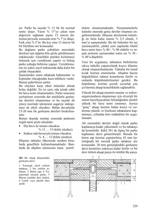 329
nır. Parke bu sayede % 12 lik bir normal
neme ulaşır. Yazın % 17’ye çıkan nem
değeriyle sağlanan şişme 13 mm/m dir.
Isıtma peryodu sırasında nem % 7’ye düşer.
Fark yine % 5’tir. Bu kez yine 13 mm/m lik
bir büzülme söz konusudur.
Bu değişme parke çubukları arasındaki
derzlere eşit dağılsa bile gözle görülmemesi
imkânsızdır. Genellikle pratikte kirlenmeyi
önlemek için vernikleme yapılır ve birkaç
parke çubuğu birbirine yapışır. Vernikleme-
nin en yakın zayıf noktasında daha kalın bir
çatlak oluşacaktır.
Şişmelerden sonra tabakada kabarmalar ve
kopmalar olacağından kaza tehlikesi vardır.
Bunun giderilmesi şarttır.
Bu olaylara karşı etkin önlemler almak
kolay değildir. En iyi çare, oda içinde sabit
bir hava nemi oluşturmaktır. Parke ustasının
yerleştirme sırasında dar aralıklarla genleş-
me derzleri oluşturması ve bu sayede alt
yüzey üzerinde işlemesini asgariye indirge-
mesi de etkili olacaktır. Bütün duvarlarda
15-20 mm lik genleşme derzleri bırakılma-
lıdır.
Bunun dışında montaj sırasında parkenin
özgül nemi şöyle olmalıdır:
• Dış hava ile teması olacaksa
% 12 … 15 (kütle yüzdesi)
• Sadece oda havasıyla teması olacaksa
% 8 … 12 (kütle yüzdesi)
Döşeme tahtaları ülkemizde modern bina-
larda genellikle kullanılmamaktadır. Bun-
larda da ahşabın işlemesine karşı yeterli
381 Bir ahşap döşemedeki
genleşme derzi
1 Yumuşak elyaf yalıtım
tabakası, 2 Ses yalıtım ta-
bakası, 3 Beton şap, 4 Ya-
pıştırmalı mozaik parke, 5
Macun içindeki derz örtücü,
6 Lastik veya plastik derz
şeridi
önlem alınamamaktadır. Nizamnamelerle
kalaslar arasında geniş derzler oluşması en-
gellenmektedir. Döşeme derzlerinin kalınlı-
ğı en fazla kalas eninin % 2,5 olmalı, 3
mm’yi aşmamalıdır. Bu tür önlemler bir işe
yaramayabilir, çünkü yeni yapılarda rölatif
hava nemi önce % 80 - % 90 olabilir ve in-
şaat neminin uçmasından sonra ise % 30 -
% 40’a düşebilir.
Yeni bir uygulama, tahtaların birbirlerine
sıkıca tutkalla yapıştırılarak kayıcı döşeme
olarak oluşturulmalarıdır. Tahtalar bir metal
kızak üzerine oturtulurlar. Ahşabın hacim
değişiklikleri odanın kenarlarına iletilir ve
oralarda köprülendirilmeleri gerekir. Bu
köprüleme, üzerine çeyrek yuvarlak çıta
çivilenmiş ahşap kenarlıklarla sağlanabilir.
Yüksek bir ahşap neminin mantar ve mikro-
organizmaların oluşturması için elverişli bir
zemin hazırlayacakları bilindiğinden sürekli
yüksek bir hava nemi istenmez. Ayrıca
“genç” ahşap üzerine buhar kesici ve sız-
dırmaz plastik ve linoleum tabakaların kap-
lanması, yıllardan beri reddedilen bir uygu-
lamadır.
Alt zemindeki derzler doğal olarak parke
kaplamaya kadar yükselmeli ve bu tabakayı
da kesmelidir. Şekil 381 de ilginç bir parke
kaplaması derzi gösterilmiştir. Burada bir
beton şap üzerine yapıştırılmış 43 mm ka-
lınlığında bir mozaik parke tabakası söz
konusudur. 20 mm genişliğindeki genleşme
derzi kesintisiz yukarıya kadar iletilir ve bir
derz örtücü ahşap parça ile örtülür.Bu parça
 
