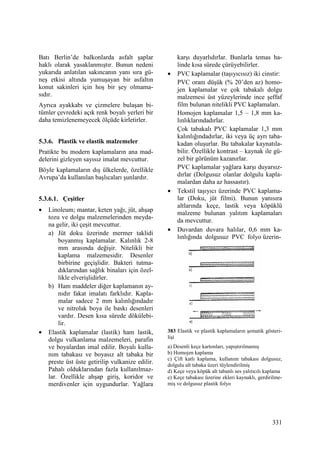 331
Batı Berlin’de balkonlarda asfalt şaplar
haklı olarak yasaklanmıştır. Bunun nedeni
yukarıda anlatılan sakıncanın yanı sıra gü-
neş etkisi altında yumuşayan bir asfaltın
konut sakinleri için hoş bir şey olmama-
sıdır.
Ayrıca ayakkabı ve çizmelere bulaşan bi-
tümler çevredeki açık renk boyalı yerleri bir
daha temizlenemeyecek ölçüde kirletirler.
5.3.6. Plastik ve elastik malzemeler
Pratikte bu modern kaplamaların ana mad-
delerini gizleyen sayısız imalat mevcuttur.
Böyle kaplamaların dış ülkelerde, özellikle
Avrupa’da kullanılan başlıcaları şunlardır.
5.3.6.1. Çeşitler
• Linoleum; mantar, keten yağı, jüt, ahşap
tozu ve dolgu malzemelerinden meyda-
na gelir, iki çeşit mevcuttur.
a) Jüt doku üzerinde mermer taklidi
boyanmış kaplamalar. Kalınlık 2-8
mm arasında değişir. Nitelikli bir
kaplama malzemesidir. Desenler
birbirine geçişlidir. Bakteri tutma-
dıklarından sağlık binaları için özel-
likle elverişlidirler.
b) Ham maddeler diğer kaplamanın ay-
nıdır fakat imalatı farklıdır. Kapla-
malar sadece 2 mm kalınlığındadır
ve nitrolak boya ile baskı desenleri
vardır. Desen kısa sürede dökülebi-
lir.
• Elastik kaplamalar (lastik) ham lastik,
dolgu vulkanlama malzemeleri, parafin
ve boyalardan imal edilir. Boyalı kulla-
nım tabakası ve boyasız alt tabaka bir
preste üst üste getirilip vulkanize edilir.
Pahalı olduklarından fazla kullanılmaz-
lar. Özellikle ahşap giriş, koridor ve
merdivenler için uygundurlar. Yağlara
karşı duyarlıdırlar. Bunlarla temas ha-
linde kısa sürede çürüyebilirler.
• PVC kaplamalar (taşıyıcısız) iki cinstir:
PVC oranı düşük (% 20’den az) homo-
jen kaplamalar ve çok tabakalı dolgu
malzemesi üst yüzeylerinde ince şeffaf
film bulunan nitelikli PVC kaplamaları.
Homojen kaplamalar 1,5 – 1,8 mm ka-
lınlıklarındadırlar.
Çok tabakalı PVC kaplamalar 1,3 mm
kalınlığındadırlar, iki veya üç ayrı taba-
kadan oluşurlar. Bu tabakalar kaynatıla-
bilir. Özellikle kontrast – kaynak ile gü-
zel bir görünüm kazanırlar.
PVC kaplamalar yağlara karşı duyarsız-
dırlar (Dolgusuz olanlar dolgulu kapla-
malardan daha az hassastır).
• Tekstil taşıyıcı üzerinde PVC kaplama-
lar (Doku, jüt filmi). Bunun yanısıra
altlarında keçe, lastik veya köpüklü
malzeme bulunan yalıtım kaplamaları
da mevcuttur.
• Duvardan duvara halılar, 0,6 mm ka-
lınlığında dolgusuz PVC folyo üzerin-
383 Elastik ve plastik kaplamaların şematik gösteri-
lişi
a) Desenli keçe kartonları, yapıştırılmamış
b) Homojen kaplama
c) Çift katlı kaplama, kullanım tabakası dolgusuz,
dolgulu alt tabaka üzeri tüylendirilmiş
d) Keçe veya köpük alt tabanlı ses yalıtıcılı kaplama
e) Keçe tabakası üzerine ekleri kaynaklı, gerdirilme-
miş ve dolgusuz plastik folyo
 