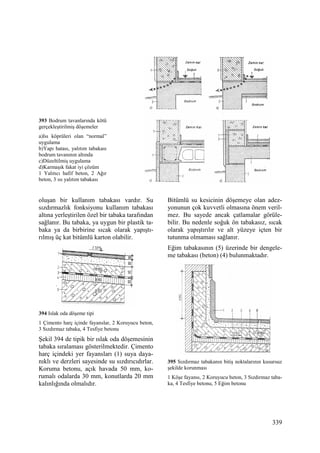 339
393 Bodrum tavanlarında kötü
gerçekleştirilmiş döşemeler
a)Isı köprüleri olan “normal”
uygulama
b)Yapı hatası, yalıtım tabakası
bodrum tavanının altında
c)Düzeltilmiş uygulama
d)Karmaşık fakat iyi çözüm
1 Yalıtıcı hafif beton, 2 Ağır
beton, 3 ısı yalıtım tabakası
oluşan bir kullanım tabakası vardır. Su
sızdırmazlık fonksiyonu kullanım tabakası
altına yerleştirilen özel bir tabaka tarafından
sağlanır. Bu tabaka, ya uygun bir plastik ta-
baka ya da birbirine sıcak olarak yapıştı-
rılmış üç kat bitümlü karton olabilir.
394 Islak oda döşeme tipi
1 Çimento harç içinde fayanslar, 2 Koruyucu beton,
3 Sızdırmaz tabaka, 4 Tesfiye betonu
Şekil 394 de tipik bir ıslak oda döşemesinin
tabaka sıralaması gösterilmektedir. Çimento
harç içindeki yer fayansları (1) suya daya-
nıklı ve derzleri sayesinde su sızdırıcıdırlar.
Koruma betonu, açık havada 50 mm, ko-
rumalı odalarda 30 mm, konutlarda 20 mm
kalınlığında olmalıdır.
Bitümlü su kesicinin döşemeye olan adez-
yonunun çok kuvvetli olmasına önem veril-
mez. Bu sayede ancak çatlamalar görüle-
bilir. Bu nedenle soğuk ön tabakasız, sıcak
olarak yapıştırılır ve alt yüzeye içten bir
tutunma olmaması sağlanır.
Eğim tabakasının (5) üzerinde bir dengele-
me tabakası (beton) (4) bulunmaktadır.
395 Sızdırmaz tabakanın bitiş noktalarının kusursuz
şekilde korunması
1 Köşe fayansı, 2 Koruyucu beton, 3 Sızdırmaz taba-
ka, 4 Tesfiye betonu, 5 Eğim betonu
 