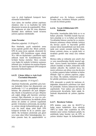 372
veya iç yüzü kaplamalı kompozit hazır
elemanlar kullanılabilir.
Aynı işlem, üst taraftan yalıtım yapılması
olanaksız olan ve ısı kaybeden her türlü
döşemenin tavanına da uygulanabilir. Örne-
ğin, başkasına ait olan bir teras döşemesi
altındaki daire sahibinin kendi tavanına
yalıtım yapması mümkündür.
Asma Tavanlar
(Önerilen yoğunluk: 15-20 kg/m3
)
Bazı binalarda, çeşitli nedenlerle asma
tavan yapmak gerekli olur. Böyle yerlerde,
EPS ile asma tavan yapmak, ekonomik bir
çözümdür. EPS boyutlarına uygun olarak
50 x 100 cm ölçülerinde L profillerle teşkil
edilecek metal bir konstrüksiyona EPS
levhalar basitçe oturtulur. Hava cereyanı
veya başka bir nedenle levhaların uçmasını
önlemek için, levhaların üst tarafına klipsler
bastırılır. Đki tarafı kaplamalı EPS kompozit
elemanlar kullanılmalıdır.
6.4.15. Çıkma Altları ve Açık Geçit
Üzerindeki Döşemeler
(Önerilen yoğunluk: 15-16 kg/m3
)
Apartman binalarında, genellikle giriş katı-
nın üstündeki birinci kat döşemesinin yan
taraflarında 1-1.5 m genişliğinde çıkmalar
bulunur. Bu çıkamların altı açık olduğun-
dan, büyük ısı kayıplarına yol açar. Döşeme
çok soğuk olduğu gibi hacimler yeterince
ısınmaz. Eğer döşemede, ısı veya ses yalı-
tımı önlemi alınmamışsa, bu takdirde çıkma
altının alt yüzüne ısı yalıtımı uygulamak
gerekir. Çıkmaların yalıtımında, dış taraftan
ısı yalıtım tekniği kullanılabileceği gibi, iki
veya bir tarafı ahşap yünü kaplı EPS
kompozit levhalar ile de ısı yalıtımı yapı-
labilir. Bu levhaların yüzlerinde çok güzel
sıva tutan odun lifleri bulunduğundan, lev-
halar çimento harç ile yapıştırılabilir ve
geleneksel sıva ile kolayca sıvanabilir.
Sıvadan önce, levhaların birleşim yerlerini
sıva teli ile örtmek gerekir.
6.4.16. Tavuk Çiftliklerinde EPS
Kullanımı
Hayvanlar, insanlardan daha fazla ısı ve su
buharı çıkarırlar. Özellikle kanatlı hayvan-
ların çıkardığı ısı ve su buharı çok fazladır.
Tavuklardan kümese yayılan bu ısı enerjisi,
kümesin yalıtmasız olması halinde, kolayca
dış havaya yayılır ve hayvanlar gerekli
enerjiyi tekrar kazanabilmek için fazla mik-
tarda yem yemek zorunda kalırlar. Oysa,
kümes yalıtımlı olursa, ısı içeride kalır ve
tavuklara gerekli olan enerji (Isı) miktarı
azalır.
Böylece daha az miktarda yem yeterli olur
ve yem masraflarından büyük tasarruf sağ-
lanır. Ayrıca kanatlı hayvanların çıkardığı
yüksek orandaki su buharı, kümesteki nisbi
rutubeti yükseltir. Bu rutubetli hava, kü-
mesin yalıtımsız çatı altına veya dış duvarın
iç yüzüne çarpınca buhar halinden su haline
dönüşür. Eğer ısı yalıtımı yapılırsa, yoğuş-
ma olmaz. Bu nedenle, kümeslerin çok iyi
bir şekilde yalıtılması zorunludur.
EPS, ekonomik ve pratik bir malzeme ol-
duğundan, kümeslerin yalıtılması için ideal
bir çözümdür. Yalıtım, kümesin her tarafına
yapılmalıdır. Yani sadece çatı yalıtımı ile
yetinmeyerek duvarlarda, hatta soğuk ik-
limlerde döşemelerde de yalıtım yapılma-
lıdır.
6.4.17. Boruların Yalıtımı
EPS ürünler, uzun süre ile 80-85o
C’ye
kadar maruz kalabilirler. Kısa sürelerle
100o
C’ye kadar olan sıcaklıklar da EPS
ürünlere zarar vermez. Kullanım şartalrı, bu
aralıklarda kalan borular için de EPS ısı
yalıtım ürünleri başarı ile kullanılabilirler.
 