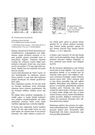 38
21 Yıkanmış beton dış yüzeyleri
a) Homojen duvar üzerinde
b) Üç tabakalı duvar elemanı üzerinde
1 Hafif beton duvar elemanı, 2 Đnce beton B 225, 3
Yıkanmış beton, 4 Đç sıva, 5 Yalıtım tabakası
Kalitesi, denenmiş bir beton karışımının tut-
turulabilmesine, yoğunluğunun eşit dağıl-
masına, uygun ilavelerin seçimine ve uz-
man işçilerin yıkama sırasındaki özen ve
deneylerine bağlıdır. Yıkanmış betonun
avantajı her erimeyen cinsten doğal taşın
kullanılır olmasıdır. (Çakıl taşı veya kırma
taş) En elverişlileri 7-15 mm çaplı çakıl taş-
larıdır. Bunlar hem bol miktarda mevcuttur
hem de ucuzdur.
Ayrıca imâl teknolojisi de “basit” sayılır. 25
mm kalınlığındaki ön tabakanın üzerine
beyaz çimento ve açık renk çakıl taşlarının
rengini bozmayan bir donma geciktiricisi
ilâve edilir.
Đlâve tabakaların gövdesi 20 mm den fazla
ise önceden hazırlanan levha sisteminde
yıkanmış beton yöntemi uygulanamaz. Bu
dış korunum tabakası oldukça ucuza mal
olur.
Ön tabaka beton karakteri taşıdığından ve
madde yapısı ve imalat tekniği nedeniyle
ince çatlaklar oluşabileceğinden sert iklim
şartlarında yıkanmış beton yeteri kadar
özellikle sağanağa karşı sızdırmaz değildir.
b) Kırma taşlı cephelerde, benzer karakter
taşırlar 20 mm çapa kadar kırma taş veya
çakıl taşları, bir çimento harç ile dış yüzeye
tutturulur. Bu cephe tabaka sı, taşıyıcı yü-
zey olarak görev gören ve parçalı olması
gereken bir ısı yalıtım tabakası üzerinde,
yapı fiziksel açıdan gerçekte yapılan bir
şeyi bozma olayıyla karşı karşıya kalınır
(Örnek → 1.10.1. Şekil 69).
c) Balast, çakıl yüzeyleri 20 mm den büyük
çakıl veya kırma taşlardan oluşur. Bu çıplak
alanların yüzeyleri oldukça kabadırlar ve
hava şartlarına karşı büyük zayıf bölgeler
içerirler.
Bu dış korunum tabakalarının yapı fiziksel
temeli pek elverişli değildir. Taş veya çakıl
parçalarını tutmak ve en azından üçte iki
oranında örtme görevi olan bağlayıcı mal-
zeme (çimento) kuruduğu zaman kabarma
olayına maruz kalır. Emici olmayan çakıl
ve ince beton arasındaki bağ, pek sağlam
değildir. Birleştikleri alan kabarma sonucu
gevşer ve kolaylıkla görülebilecek çatlaklar
meydana gelir. Sonunda tane düşer ve
yerinde bir çukur bırakır. Elemanın ısınması
ve bunun neden olduğu nem alışı ve bunu
izleyen kuruma sonucu taneler bulundukları
yerden gevşerler. Bağlayıcı malzemeye bir
miktar tras çimentosu (horasan) ilâve edi-
lirse durum biraz değişir.
Kabarmaya eğilimi olan çimento, bu cephe-
lerde kullanılmamalıdır. Taneler büyüdükçe
gevşeme eğilimi artar. Korunumlu şehir
bölgelerinde bile balast yüzeylerinin yağ-
mur geçirdiği görülmüştür.
22 Balast (Kırma taş)
1 Hafif katkı maddeli
beton, 2 Đnce beton,
3 Doğal taş balast
 