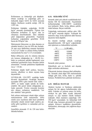 388
Poliüretanın ısı iletkenliği çok düşüktür.
Ortam sıcaklığı ve yoğunluğa göre ısı
iletkenlik değeri 0,016 ile 0,032 arasında
değişir. Kullanım sıcaklık aralığı -180 ile
110o
C dir.
Poliüretan köpüğün yoğunluğu 30-200
kg/m3
arasında ayarlanabilir. Yalıtım için
kullanılan levhaların 32 kg/m3
den az
olmaması önerilmektedir. Aksi takdirde
şekil değişimleri gösterebilir. Yapılarda
kullanılan yoğunluklar genellikle 30-40
bazen de 50 kg/m3
dur.
Malzemenin bünyesine su alma durumu az
olmakla berab.er yine de EPS den fazladır.
24 saat suya daldırılmış numune hacminin
% 0,2-1,0 i kadar su alırken birkaç haftalık
numunelerde bu oran % 3-5 civarındadır.
Buhar difüzyonu yolu ile ıslanma durumu
söz konusu olduğundan (µ = 40-50) lev-
halar ya sızdırmaz şekilde kaplanmalı veya
muhtemel gerilmelere karşı önceden önlem
alınmalıdır. Yerinde püskürtme köpüklerde
ise µ = 3-8 dir.
Poliüretan köpük hafif asitlere, benzine,
mazota, alkalilere ve deniz suyuna karşı
dayanıklıdır.
LEVHALAR, 110-120o
C sıcaklığa kadar
devamlı dayanıklıdır. Sıcaklığa dayanım
açısından EPS’e göre önemli fark vardır. -
200o
C ye kadar soğuk işlerde de kulla-
nılabilir. Bir petrol ürünü olduğundan as-
lında yanıcıdır. Üretim sırasında konulan
alev almayı zorlaştırıcı maddelerle “zor
alev alabilen” hale getirilir.
Salt yalıtım malzemesi olarak diğer yalıtım
malzemelerine (lifli malzemeler, EPS)
oranla ucuz sayılmasa dahi hazır prefabrik
elemanlar olarak (metal kaplı sandviç pa-
neller gibi) işçilikten ve zamandan çok ka-
zandırır.
Genellikle piyasada 15 ile 150 mm kalın-
lıklarda bulunur.
6.14. SERAMĐK YÜNÜ
Seramik yünü çok yüksek sıcaklıklarda kul-
lanılan lifli bir malzemedir. Taşyününün
kullanılamadığı 1200-1400o
C sıcaklıklar
için kullanılır. Rulo, levha, dökme şekille-
rinde bulunur. Beyaz renklidir.
Yoğunluğu malzemenin şekline göre 100-
150 kg/m3
arasında değişir. Yumuşak bir
malzeme olup, levha tiplerinin dahi basınca
dayanımı fazla değildir.
En önemli özelliği yüksek sıcaklığa
dayanabilmesidir. 160 kg/m3
yoğunluktaki
rulo tiplerinin ısı iletkenlikleri şöyledir.
o
C λ (W/mK) .
400o
C 0,0688
600o
C 0,0946
800o
C 0,1376
1000o
C 0,1806
1200o
C 0,2752
Seramik yünü yanmaz.
Hidroflorik asit ve fosforik asit dışında
diğer asitlerden etkilenmez.
Ülkemizde üretimi olmayıp ithal edilmekte-
dir. Seramik yünü diğer lifli malzemelerde
olduğu gibi rulo, levha, halat vs. şekilde
bulunur. Prefabrik boru şeklinde üretilemez.
6.15. DOĞAL MANTAR
Akdeniz kıyıları ve Sardunya adalarında
yetişen bir tür ağacın kabuklarından elde
edilir. Eskiden ısı yalıtımı amacı ile kulla-
nılırken bu gün daha ziyade dekoratif
amaçla ve şişe mantarı olarak kullanıl-
maktadır. Ham mantarın yoğunluğu 120-
190 kg/m3
arasındadır. Isı iletkenliği 0,40
W/mK olup, homojen gözenekli bir yapıya
sahiptir. Kimyevi maddelere dayanıklıdır.
Halojenlere, amonyağa, eter yağlarına daya-
nıksızdır.
 