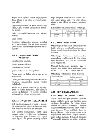392
Kapalı hücre yapısına, düşük ısı geçirgenli-
ğine, yüksek su ve buhar geçirgenlik diren-
cine sahip,
Uygulandığı alanda çok iyi ısı yalıtımı sağ-
layan, Geniş sıcaklık aralıklarında kulanı-
ma uygun,
Hafif ve esnekliği sayesinde kolay uygula-
nabilen,
Uzun ömürlü
Polietilen malzemeden istenilen yoğunluk
ve et kalınlığında, film ve folyo laminas-
yonlu olarak üretilebilen bir yalıtım malze-
mesidir.
6.19.9. Levha ve Bant Yalıtım
Malzemeleri
Havalandırma kanalları,
Mertek altı çatı yalıtımı,
Duvar arası ısı yalıtımı,
Şap ve parke altı ısı ve ses yalıtımı,
Asma tavan ve bölme duvar ses ve ısı
yalıtımında,
Geniş çaplı boruların yalıtımında kullanılan
Polietilen malzemeden mamül yalıtım
levhalarıdır.
Kapalı hücre yapısı, düşük ısı geçirgenliği,
etkin ses yutma kapasitesi, ideal esneklik
yapısı ve kullanım ve montaj kolaylığı
sağlayan ideal yalıtım malzemesidir.
6.20. LĐFLĐ YALITIM MALZEMELERĐ
Lifli yalıtım malzemesi, organik ve inorga-
nik liflerden imal edilen, ısı iletimini azalt-
mak amacı ile kullanılan bir maddedir.
Lifli yalıtım malzemeleri, çıplak veya
madeni yağlar veya kimyasal bağlayıcılar
ile bağlanmış yada kartona veya kağıda
veya taşıyıcı bir gerece dikilmiş organik
veya inorganik liflerden imal edilmiş, dök-
me olarak, plaka, keçe veya şilte halinde
piyasaya arz edilen ısı yalıtım malzeme-
sidir.
Lifli yalıtım malzemelerinin ısı iletkenliği
Isı Đletkenlik Hesap Değeri λn
Tür
Kcal/m.h.o
C W/m.K
Đnorganik 0.035 0.040
Organik 0.040 0.047
6.2.1. Odun Talaşı Levhalar
Odun talaşı levhası; odun talaşının mineral
bağlayıcılarla uygun olarak karıştırılması ve
basınç altında biçimlendirilmesi ile oluşan
levhadır.
Odun talaşı; odun, kereste ve artıkların özel
makinelerde rendelenmesi ile elde olunan
belli boyutlarda, ince uzun şerit biçiminde
odun parçalarıdır.
Mineral bağlayıcılar; çimento, alçı ve
magnezitdir. Odun talaşı levhaların kalın-
lıkları 15, 25, 35, 50, 75 ve 100 mm’dir.
Odun talaşı levhaların ısı iletim değerleri
Isı Đletim Değerleri λLevhaların kalınlığı
mm Kcal/m.h.o
C W/m.K
15 0.12 0.14
25 ve 35 0.08 0.09
50,75,100 0.07 0.08
6.22. CEPHE KAPLAMALARI
6.22.1. Doğal Lifli Çimento Levhalar:
Selüloz elyaf takviyeli çimento ve silikat
esaslı otoklavlı levha olup her türlü iklim
şartlarına dayanıklıdır. Sert ahşap işleme
aletleri ile kolaylıkla işlenebilir. Tamamen
doğal maddelerden üretilmiş olup çevre ve
doğa dostudur. Uzun ömürlüdür, fakat ba-
kım gerektirmez. Ağaçlara karşı zarar veren
haşerelerden etkilenmez. Haşere barındır-
maz. Sudan etkilenme değeri çok düşüktür.
Yapısındaki çimento ve silika sebebiyle
 