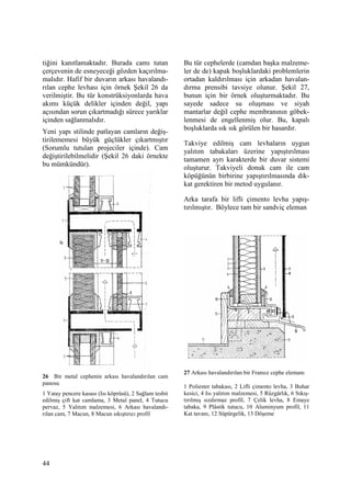 44
tiğini kanıtlamaktadır. Burada camı tutan
çerçevenin de esneyeceği gözden kaçırılma-
malıdır. Hafif bir duvarın arkası havalandı-
rılan cephe levhası için örnek Şekil 26 da
verilmiştir. Bu tür konstrüksiyonlarda hava
akımı küçük delikler içinden değil, yapı
açısından sorun çıkartmadığı sürece yarıklar
içinden sağlanmalıdır.
Yeni yapı stilinde patlayan camların değiş-
tirilememesi büyük güçlükler çıkartmıştır
(Sorumlu tutulan projeciler içinde). Cam
değiştirilebilmelidir (Şekil 26 daki örnekte
bu mümkündür).
26 Bir metal cephenin arkası havalandırılan cam
panosu
1 Yatay pencere kasası (Isı köprüsü), 2 Sağlam tesbit
edilmiş çift kat camlama, 3 Metal panel, 4 Tutucu
pervaz, 5 Yalıtım malzemesi, 6 Arkası havalandı-
rılan cam, 7 Macun, 8 Macun sıkıştırıcı profil
Bu tür cephelerde (camdan başka malzeme-
ler de de) kapak boşluklardaki problemlerin
ortadan kaldırılması için arkadan havalan-
dırma prensibi tavsiye olunur. Şekil 27,
bunun için bir örnek oluşturmaktadır. Bu
sayede sadece su oluşması ve siyah
mantarlar değil cephe membranının göbek-
lenmesi de engellenmiş olur. Bu, kapalı
boşluklarda sık sık görülen bir hasardır.
Takviye edilmiş cam levhaların uygun
yalıtım tabakaları üzerine yapıştırılması
tamamen ayrı karakterde bir duvar sistemi
oluşturur. Takviyeli donuk cam ile cam
köpüğünün birbirine yapıştırılmasında dik-
kat gerektiren bir metod uygulanır.
Arka tarafa bir lifli çimento levha yapış-
tırılmıştır. Böylece tam bir sandviç eleman
27 Arkası havalandırılan bir Fransız cephe elemanı
1 Poliester tabakası, 2 Lifli çimento levha, 3 Buhar
kesici, 4 Isı yalıtım malzemesi, 5 Rüzgârlık, 6 Sıkış-
tırılmış sızdırmaz profil, 7 Çelik levha, 8 Emaye
tabaka, 9 Plâstik tutucu, 10 Aluminyum profil, 11
Kat tavanı, 12 Süpürgelik, 13 Döşeme
 